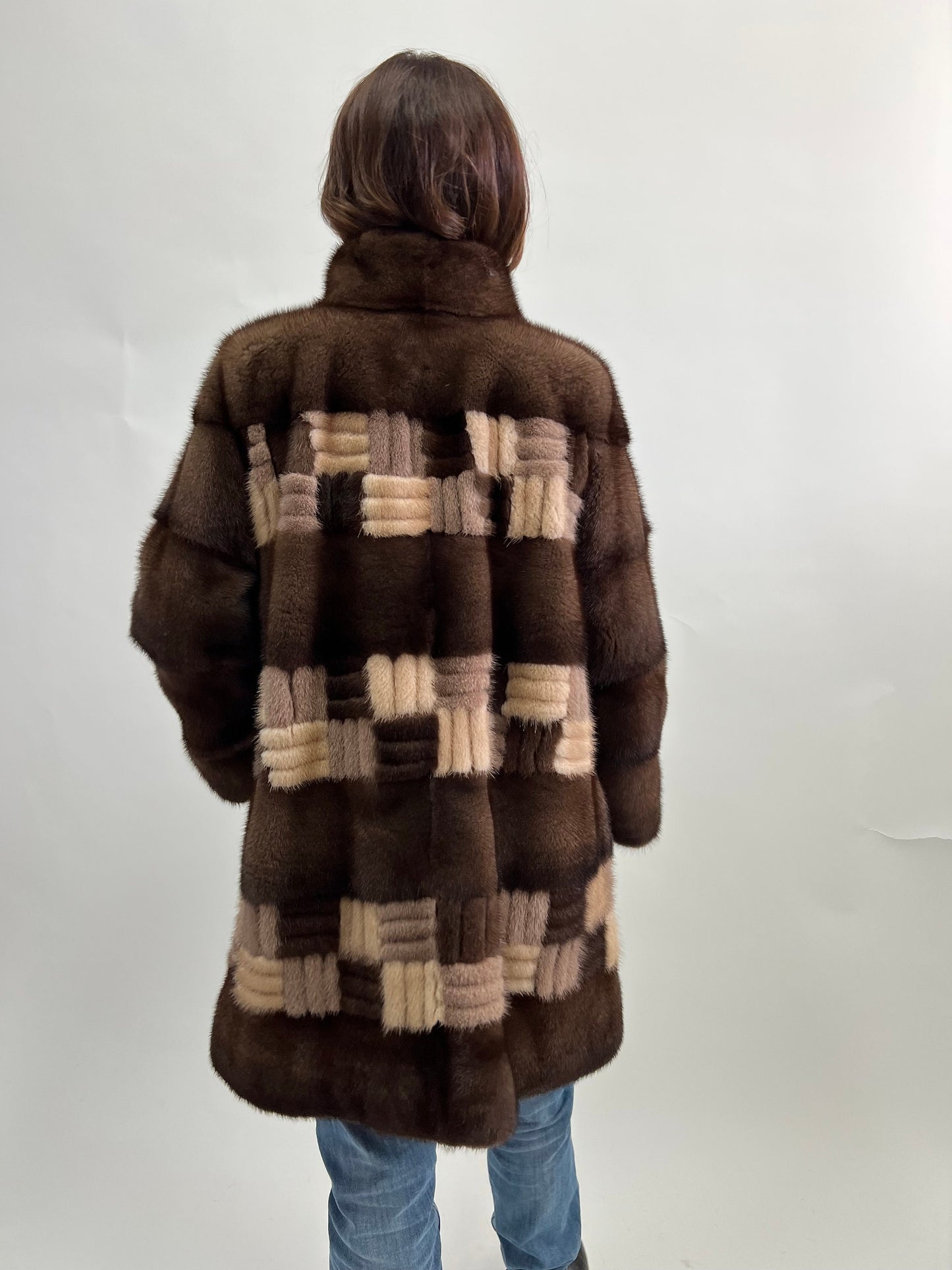 Intarsia Brown Mink Fur Coat - Saga Lightweight Zip-Up - Size Large