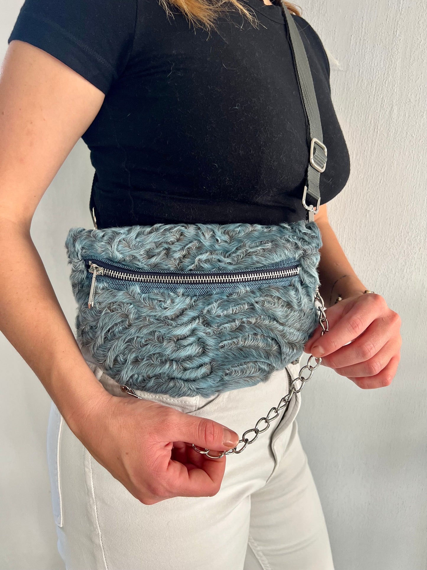 Gray Mink Fur Bumbag with Chain: Handmade Leather Fanny Pack