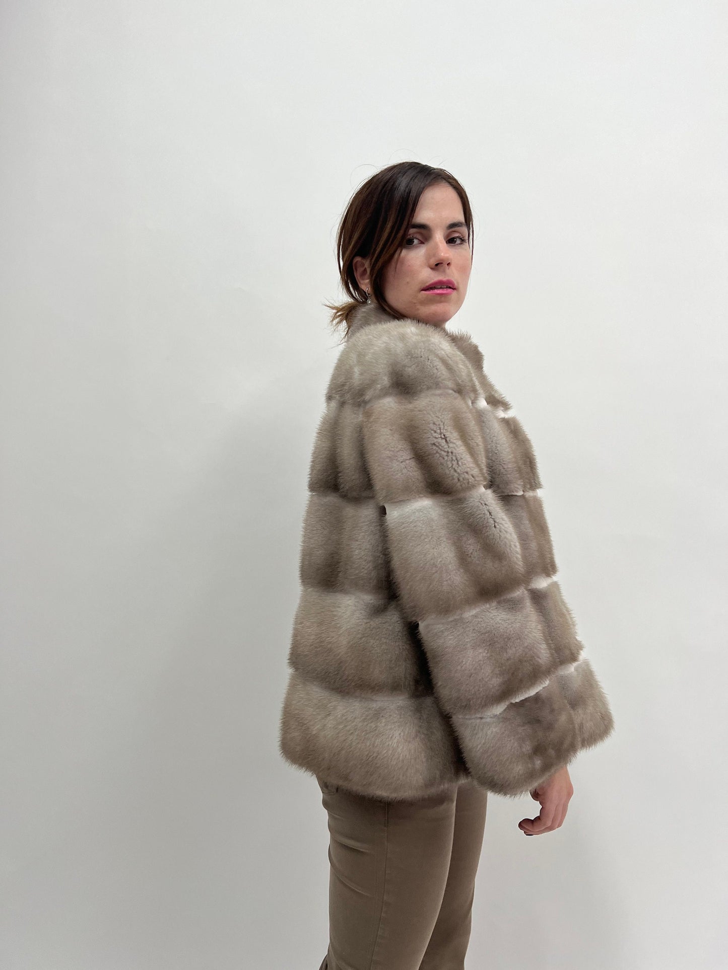 Silver Mink Fur Stroller Jacket with Sheared Mink Trim
