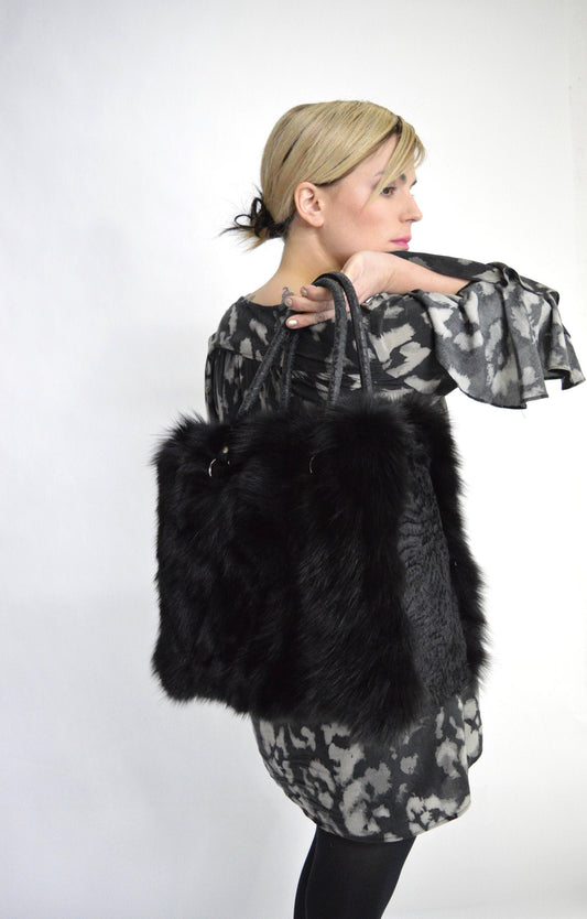 Real Fox Fur Leather Handbag: Fluffy Black Portfolio Bag