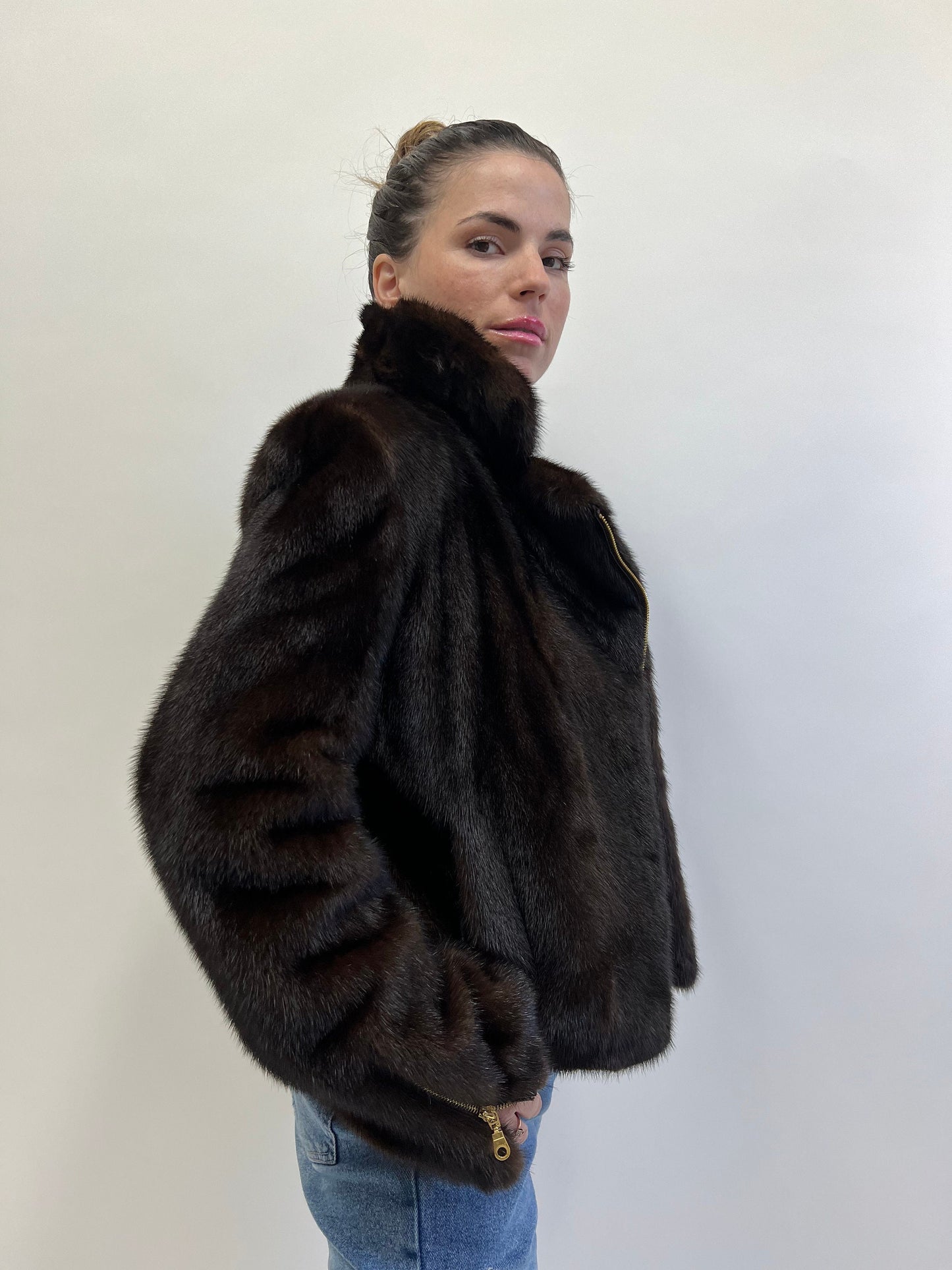 Dark Brown Mink Fur Biker Jacket: Lightweight Luxury with Gold Hardware