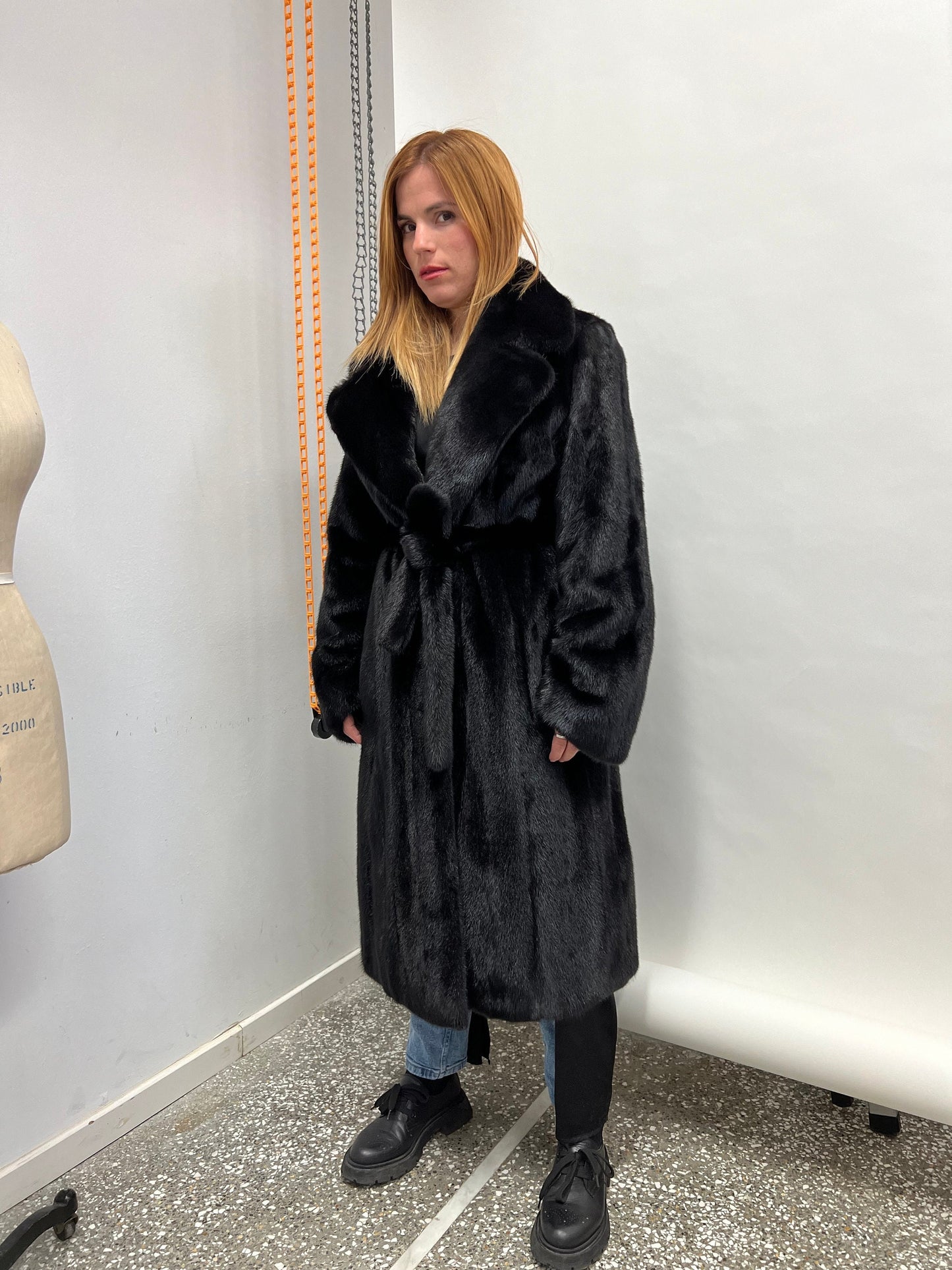 Black Saga Mink Fur Coat with Belt, Luxury Texture