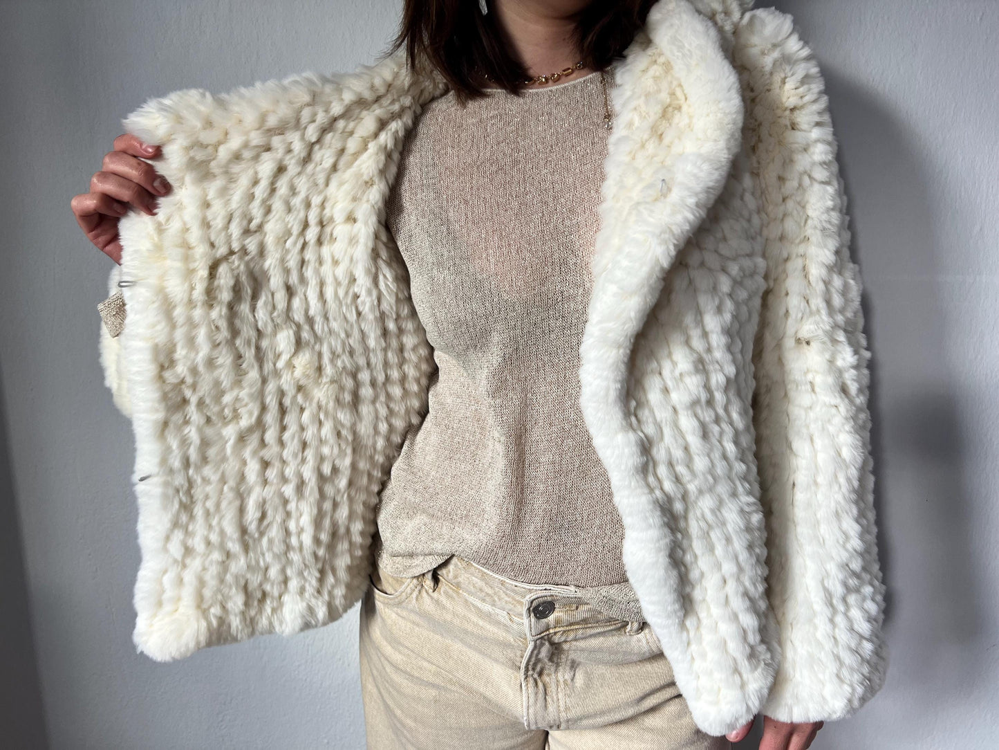 Handwoven Cream Rabbit Fur Hooded Jacket - Frog Closure