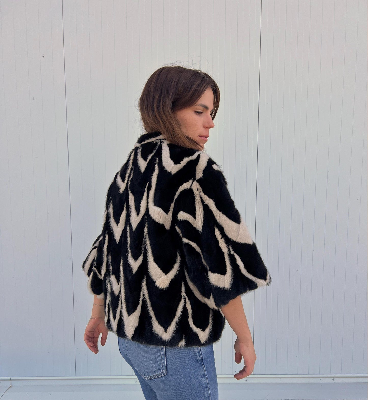 Intarsia Mink Fur Jacket: Beige & Black Genuine Fur Blazer