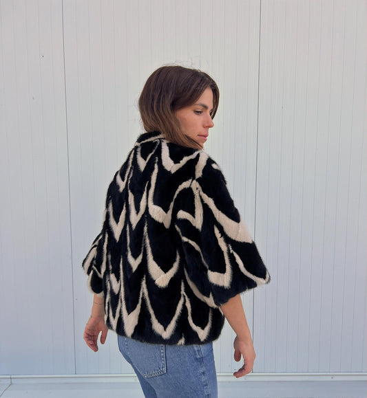 Intarsia Mink Fur Jacket: Beige & Black Genuine Fur Blazer