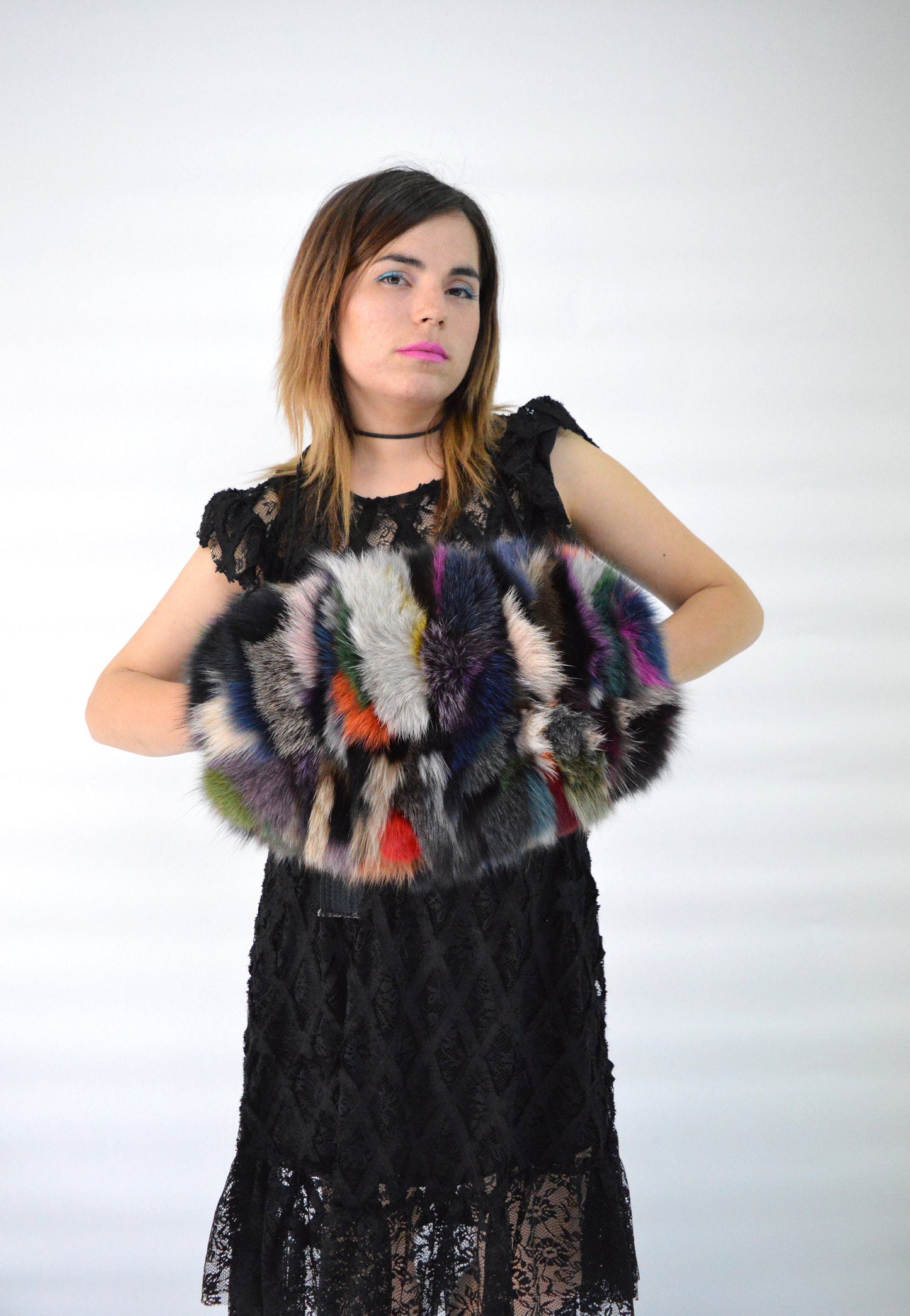 Multicoloured Fox Fur Hand Muff: Luxury Warmer with Pocket