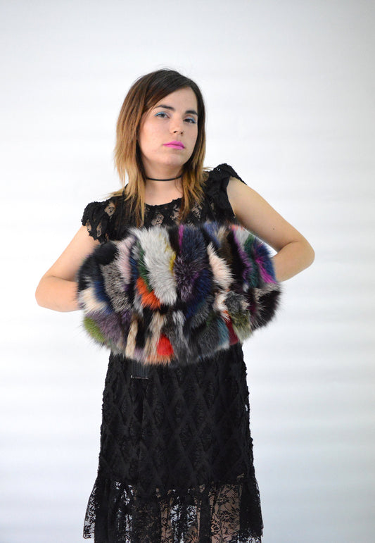 Multicoloured Fox Fur Hand Muff: Luxury Warmer with Pocket