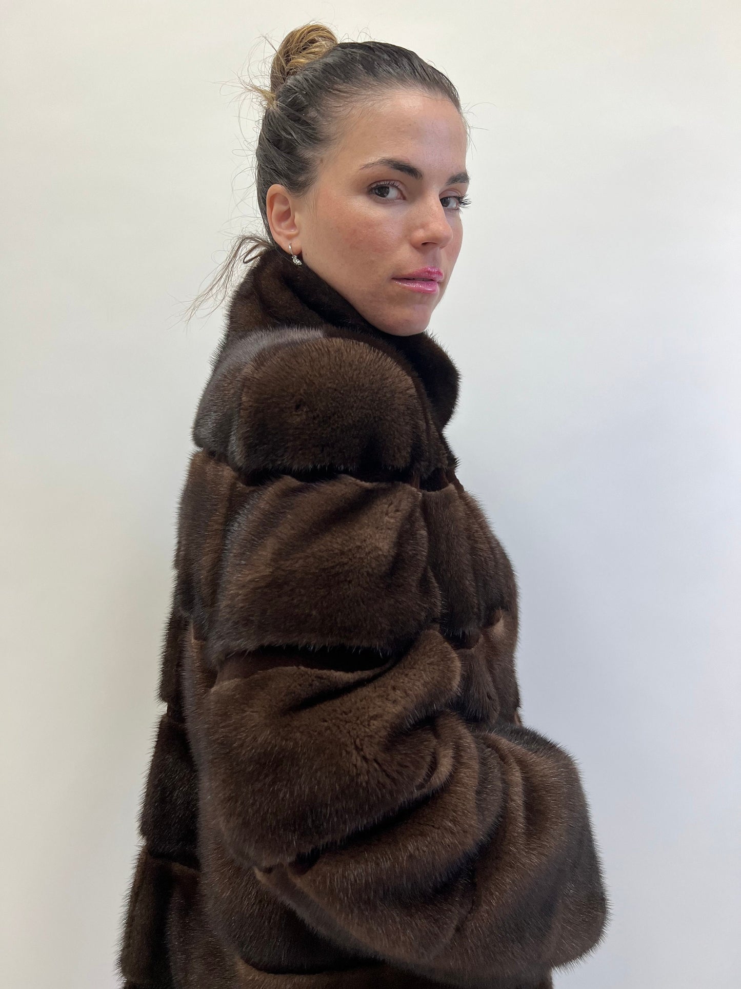 Dark Brown Mink Fur Coat: Horizontal Sheared Stripes, Size M/L