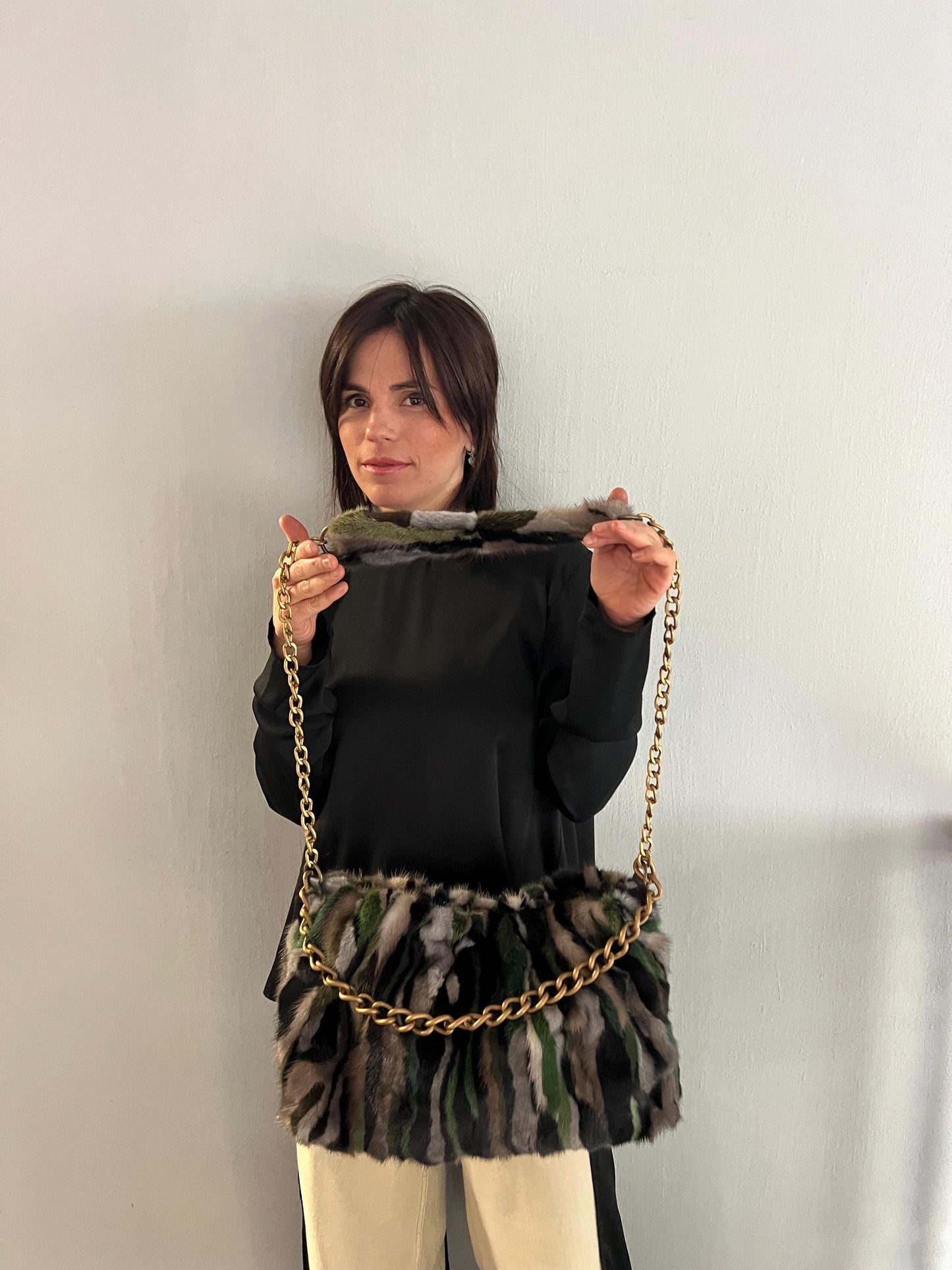 Handmade Mink Fur Slouchy Shoulder Bag: Luxury Cross-body Purse in army shades.