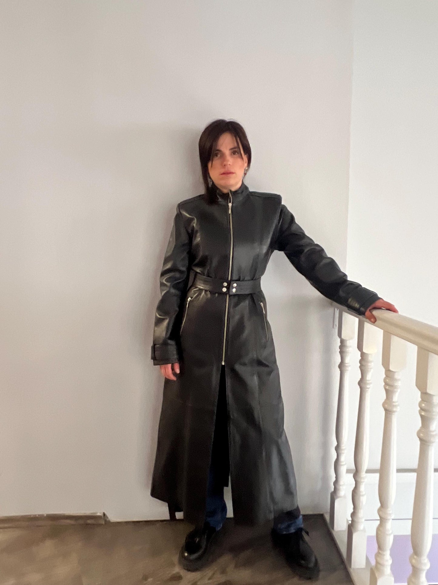 Handcrafted buttery Nappa Leather Coat with zippers and belt: Full Length Black Overcoat.