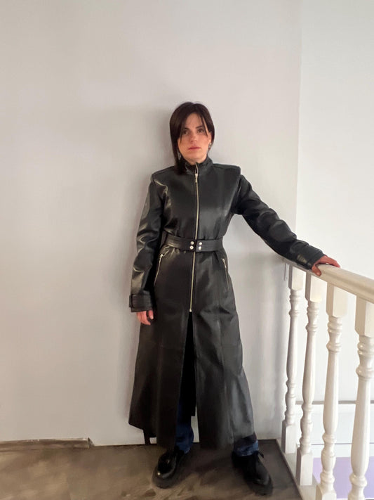 Handcrafted buttery Nappa Leather Coat with zippers and belt: Full Length Black Overcoat.