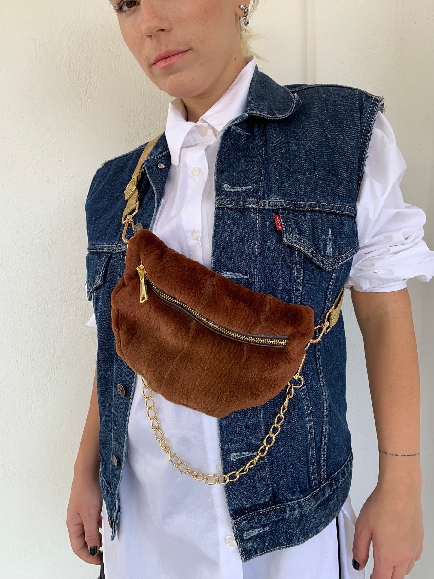 Cognac Mink Fur Bumbag with Chain: Luxury Fanny Pack