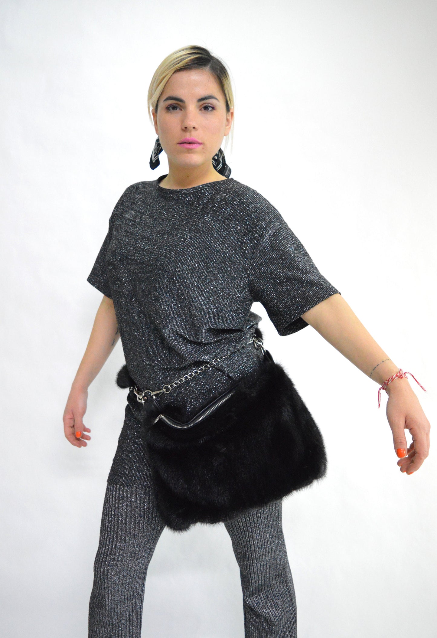Handmade Black Mink Fur Shoulder Bag: Leather & Chain Detail