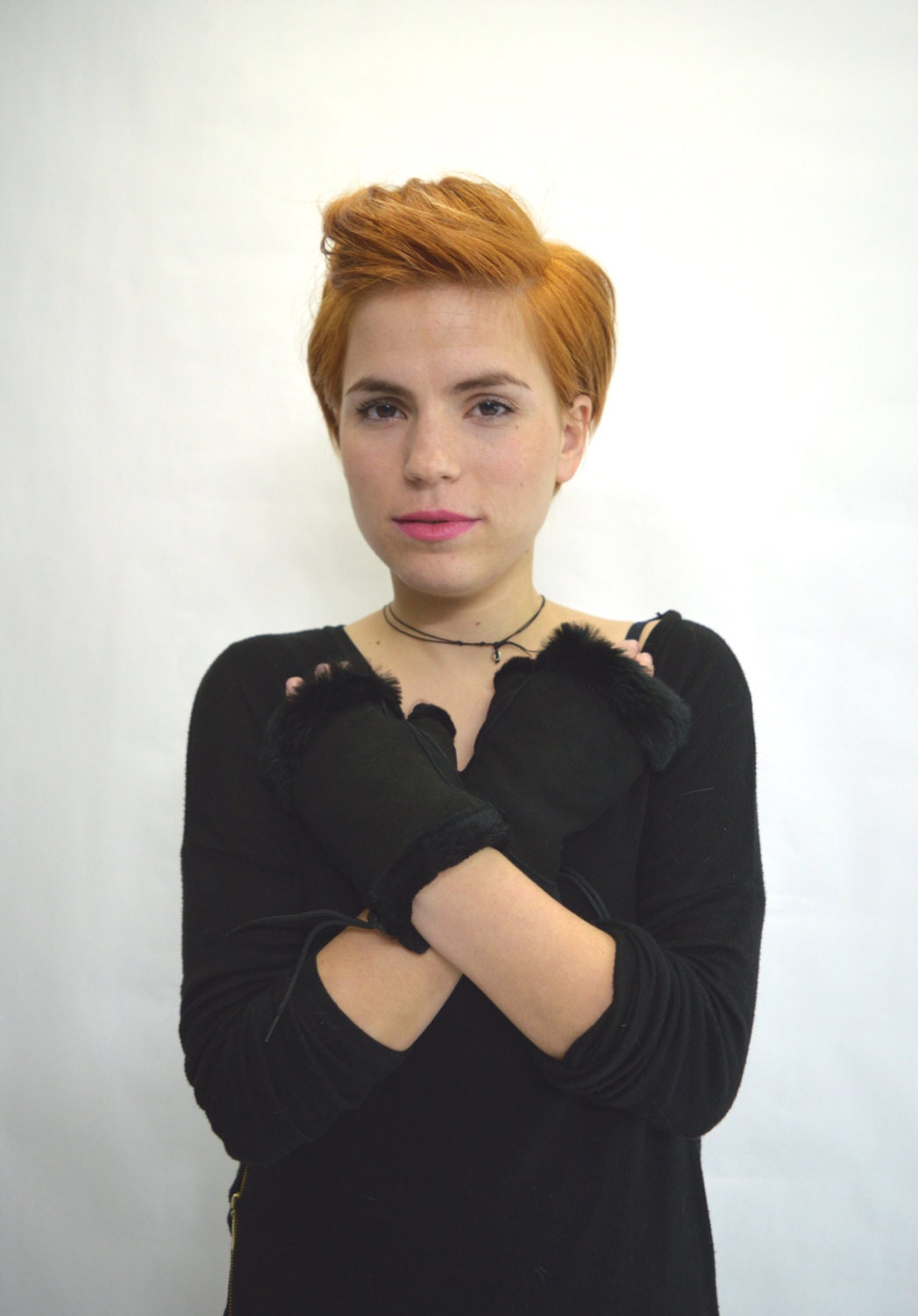 Shearling Fingerless Gloves: Black Rex Rabbit Fur Trim