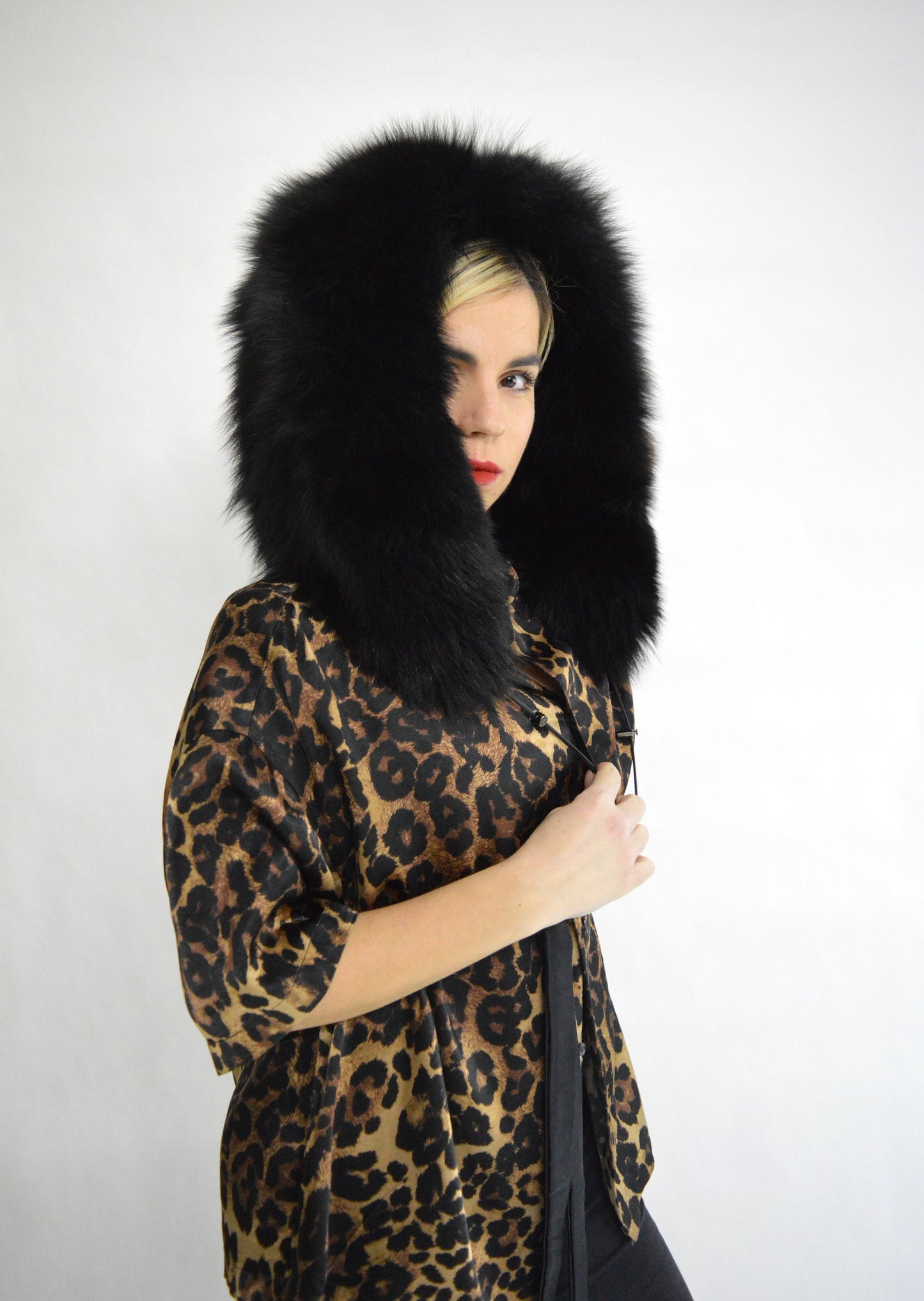 Black Fox Fur Hood: Fluffy Winter Hood with Drawstring