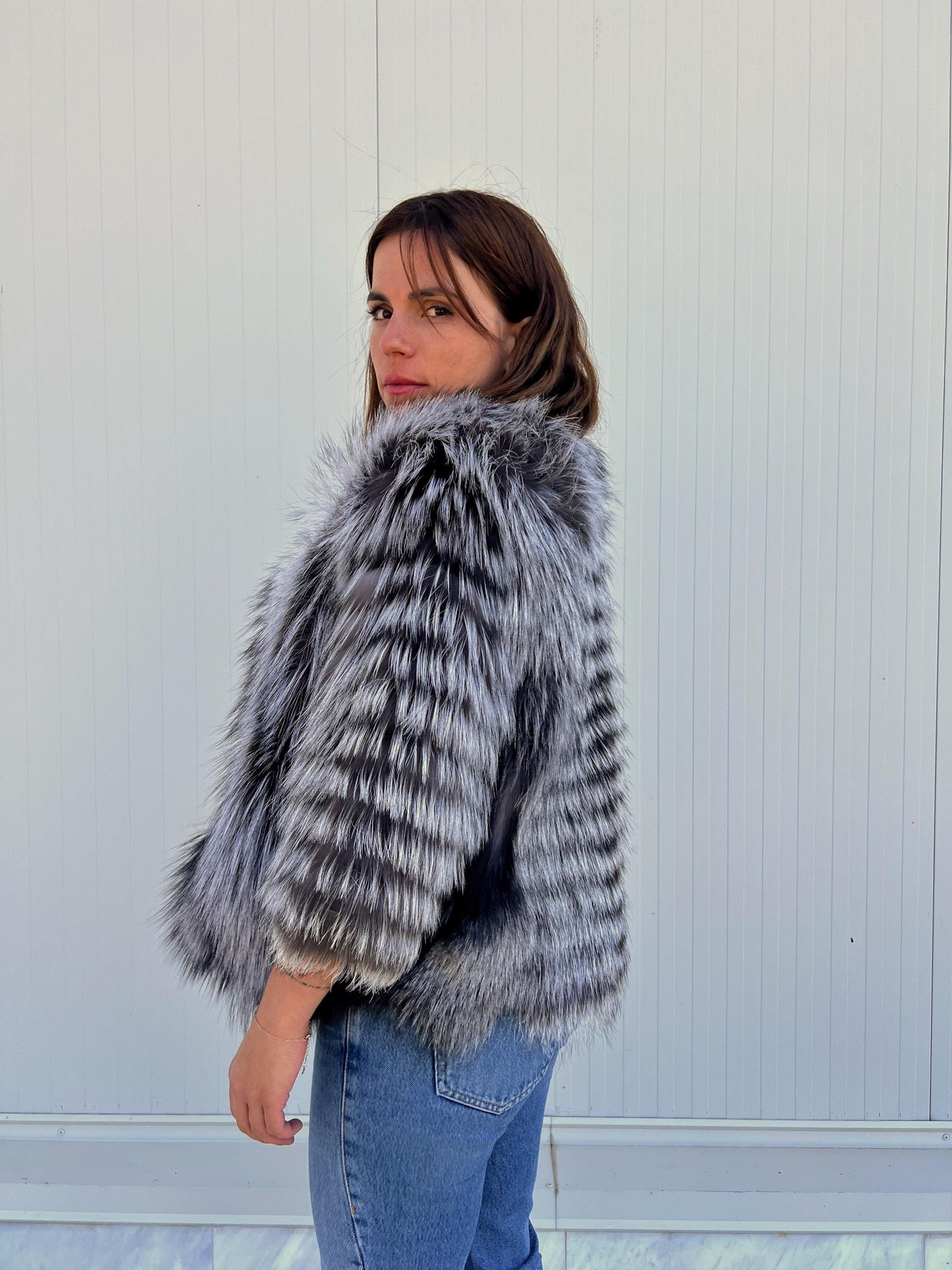 Handmade Grey Fox Fur Jacket: Lightweight, Everyday Fluffy Coat