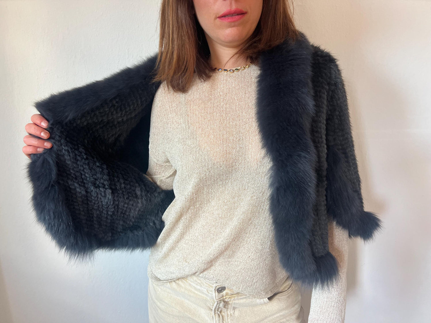 Handwoven Mink Fur Cape: Midnight Blue Fox Trim Jacket