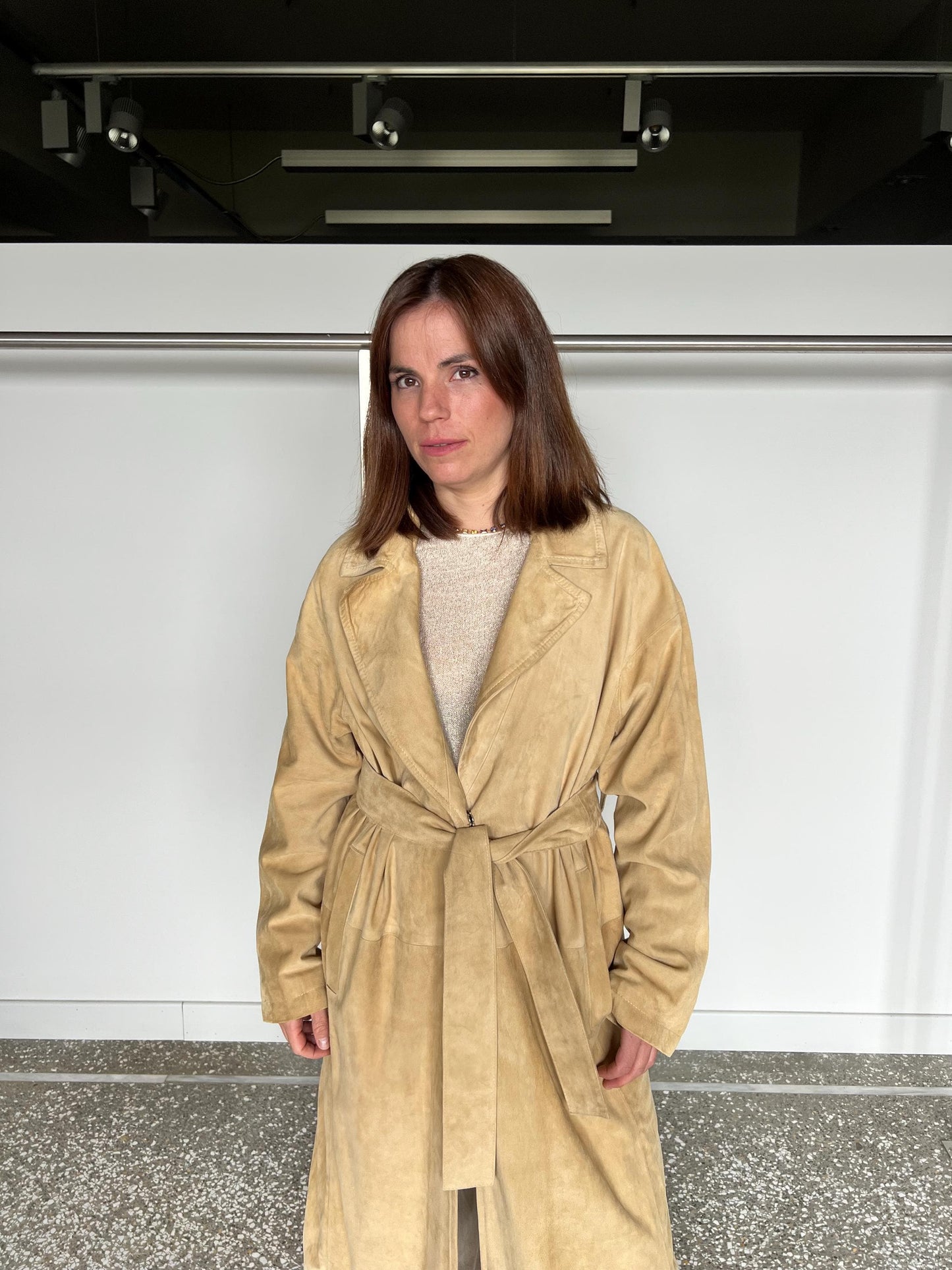 Handmade Beige Suede Leather Coat: Distressed Genuine Leather, Size Large