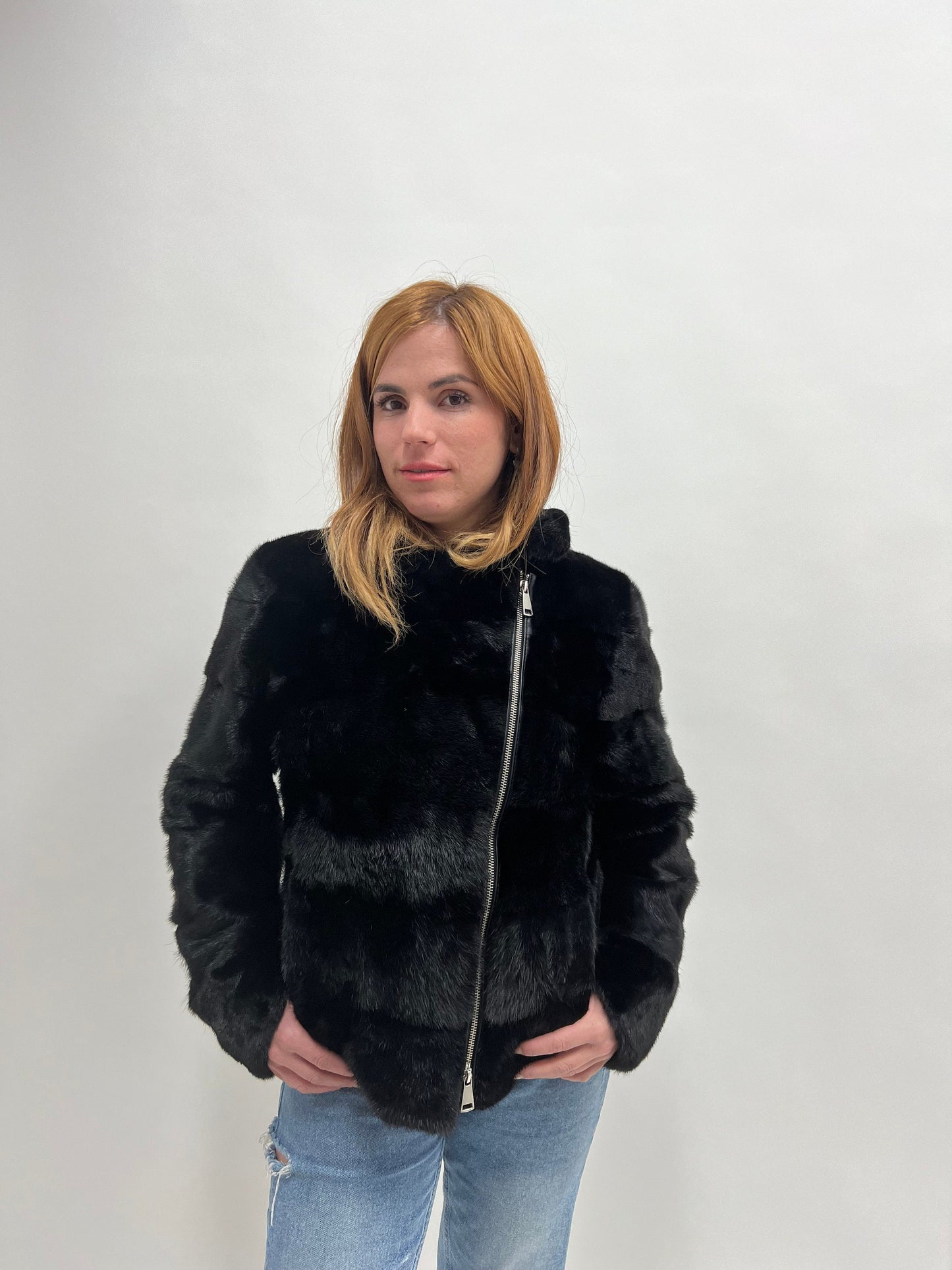 Black Mink Biker Jacket: Horizontal Fur, Silver Hardware