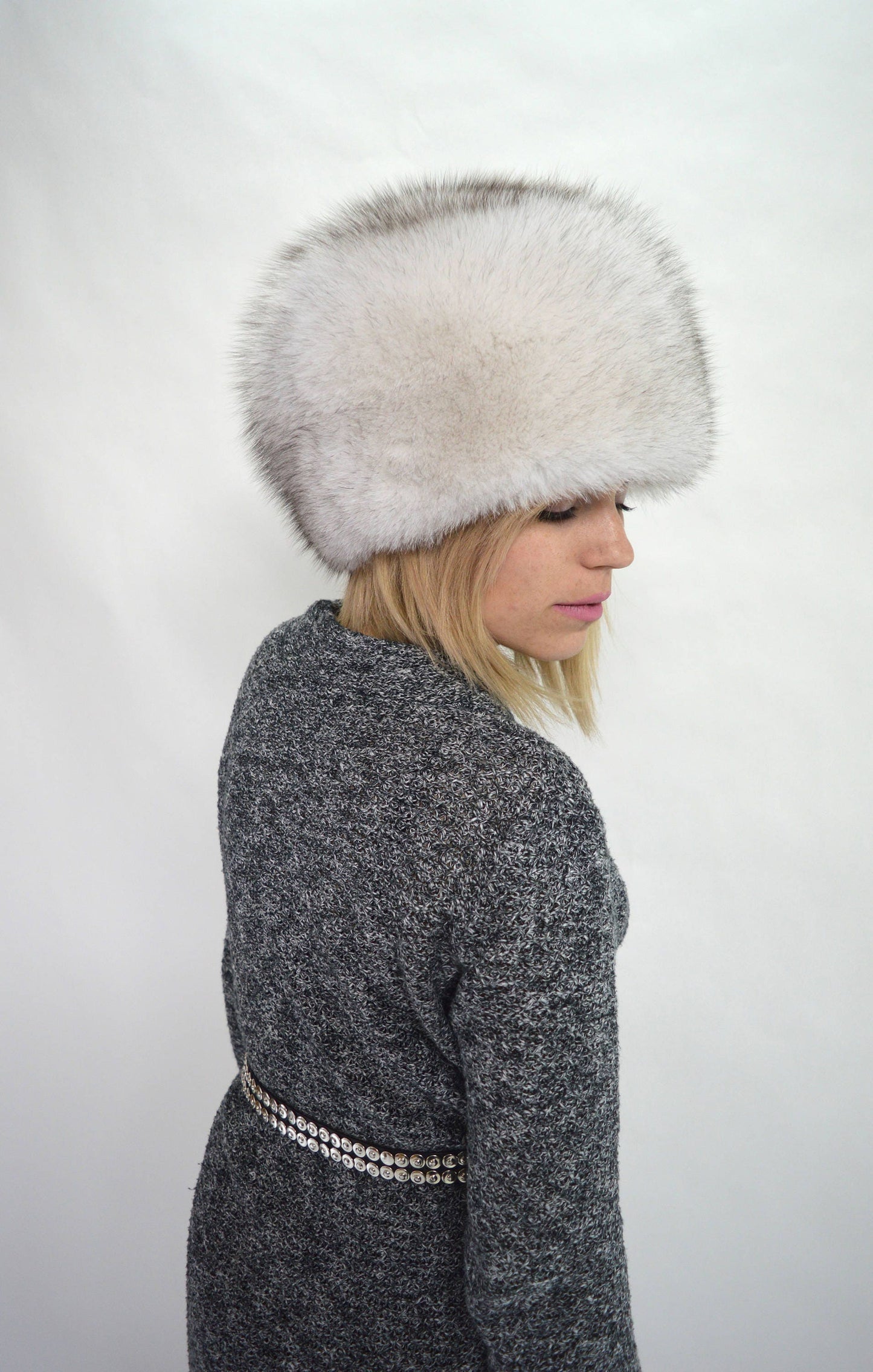 Blue Fox Fur Cossack Hat, Winter Fluffy Head Warmer