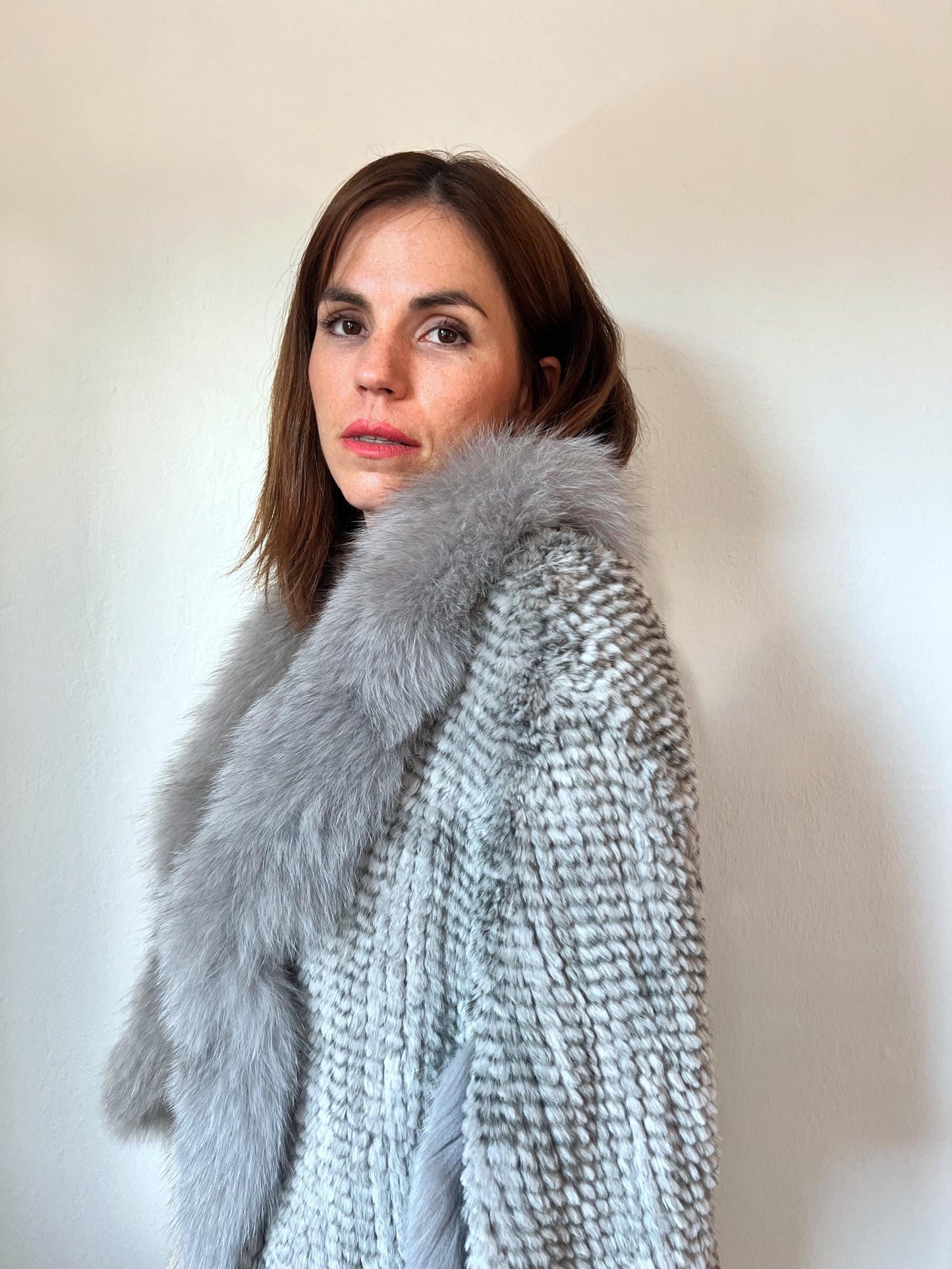 Handwoven Mink Fur Cape with Fox Fur Trim - Light Gray Poncho