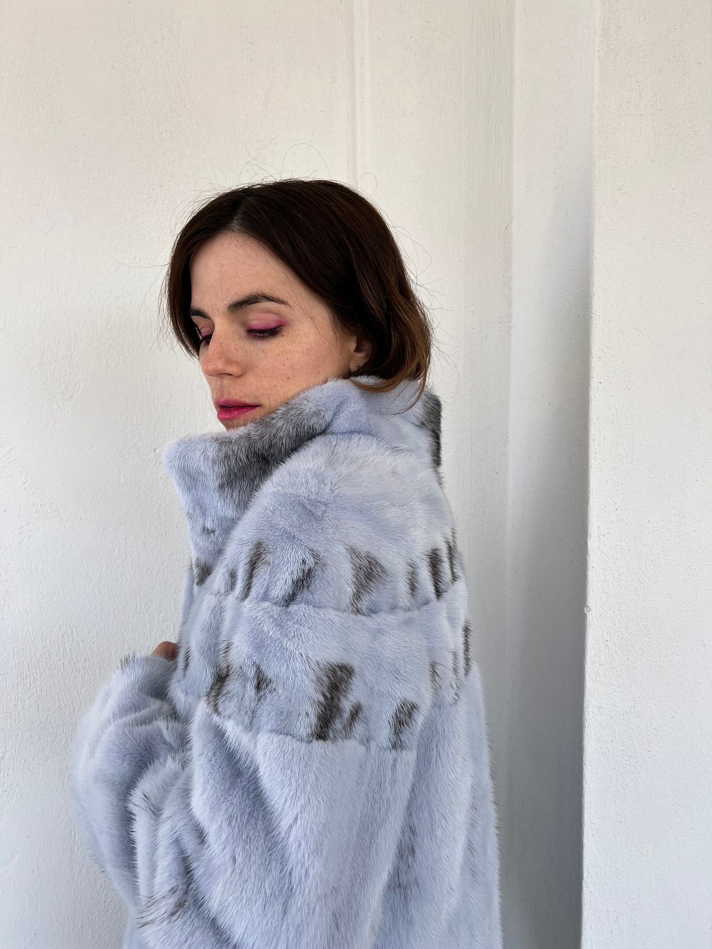 Baby Blue Mink Fur Jacket - High Collar, Handmade in Greece