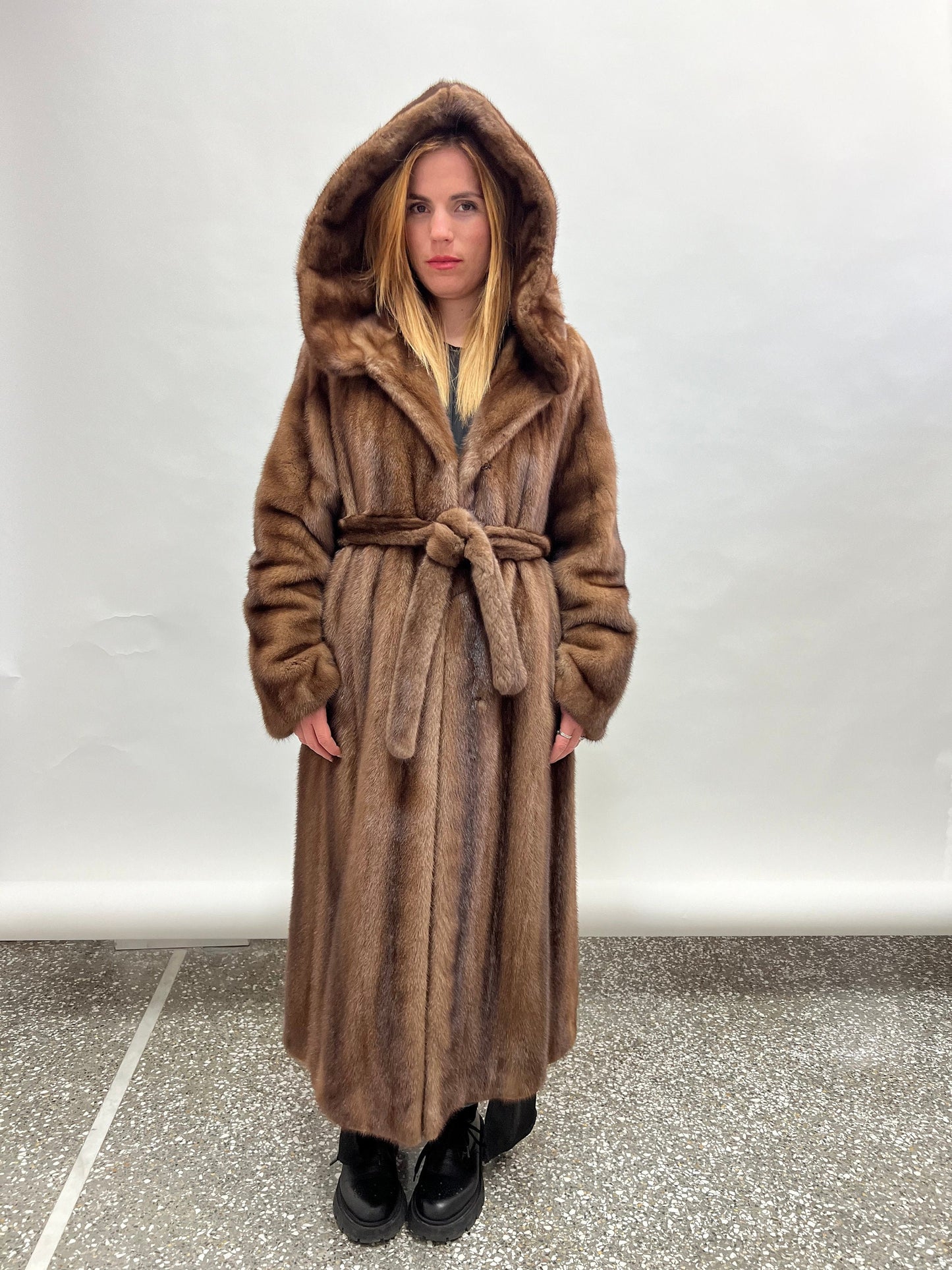Handmade Brown Mink Fur Hooded Coat - Demi Buff Pelts, Made in Greece
