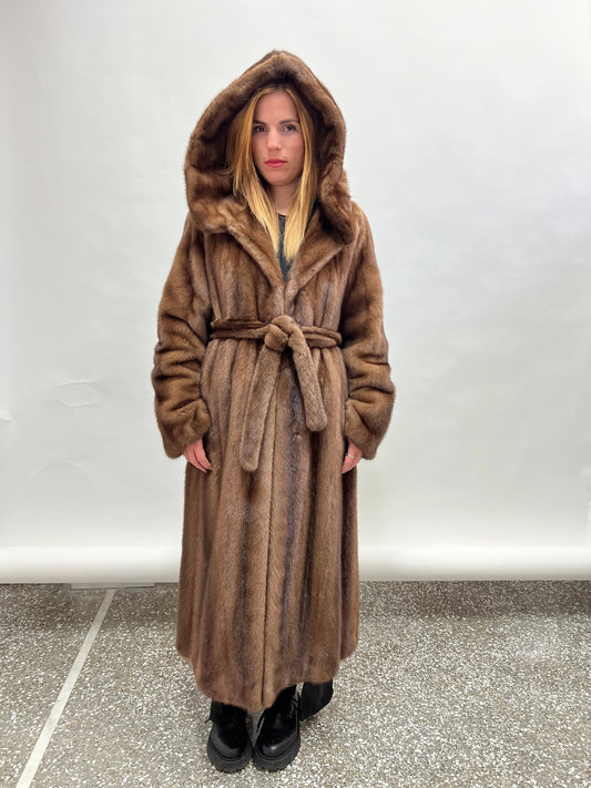 Handmade Brown Mink Fur Hooded Coat - Demi Buff Pelts, Made in Greece