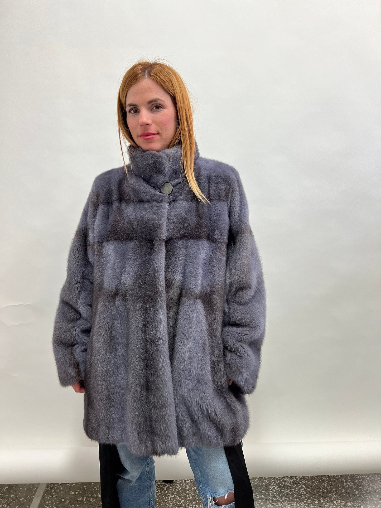 Grey Saga Mink Fur Jacket: Real Silver Cross Pelt, Handmade in Greece