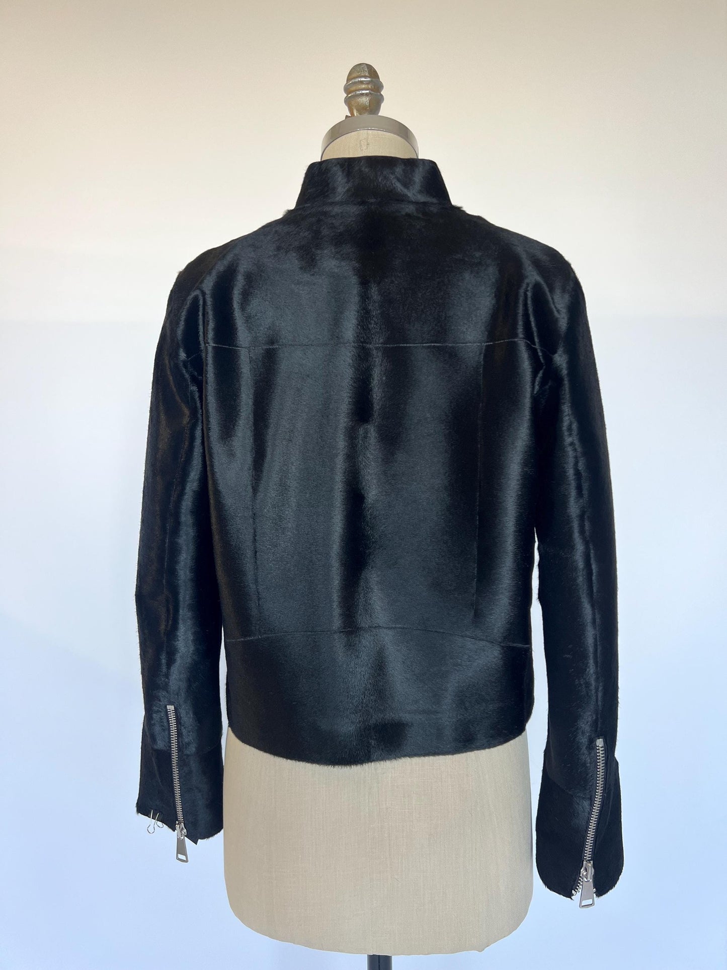 Genuine Hair-On Leather collarless Jacket: Black Calf Fur Coat, Handmade in Greece