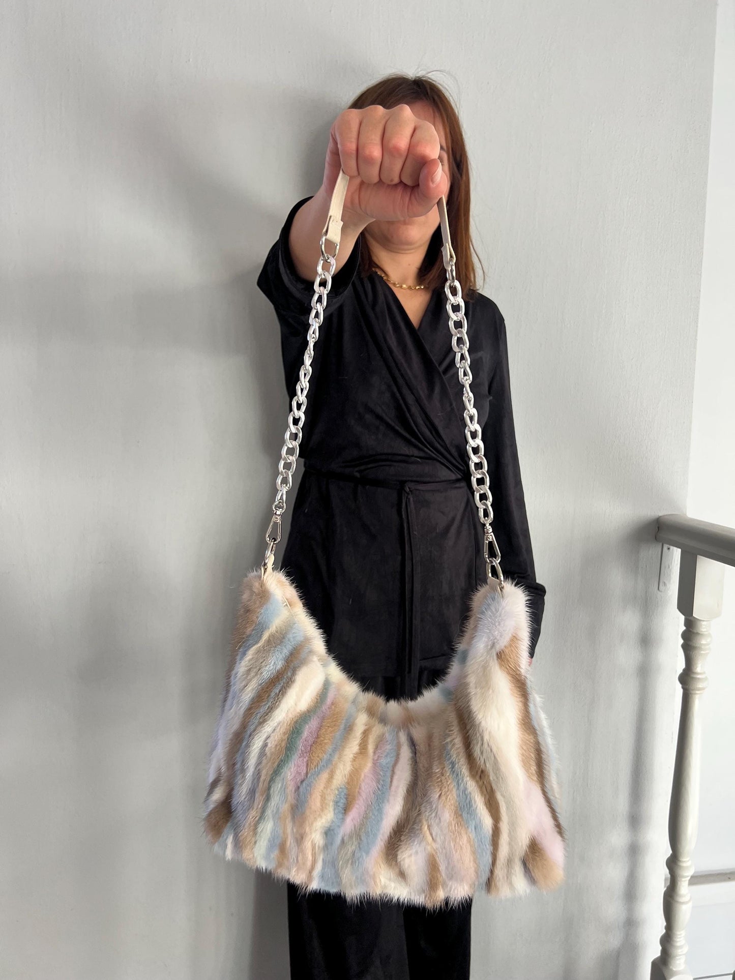 Multicolor Mink Fur Tote Bag: Leather & Chain Details