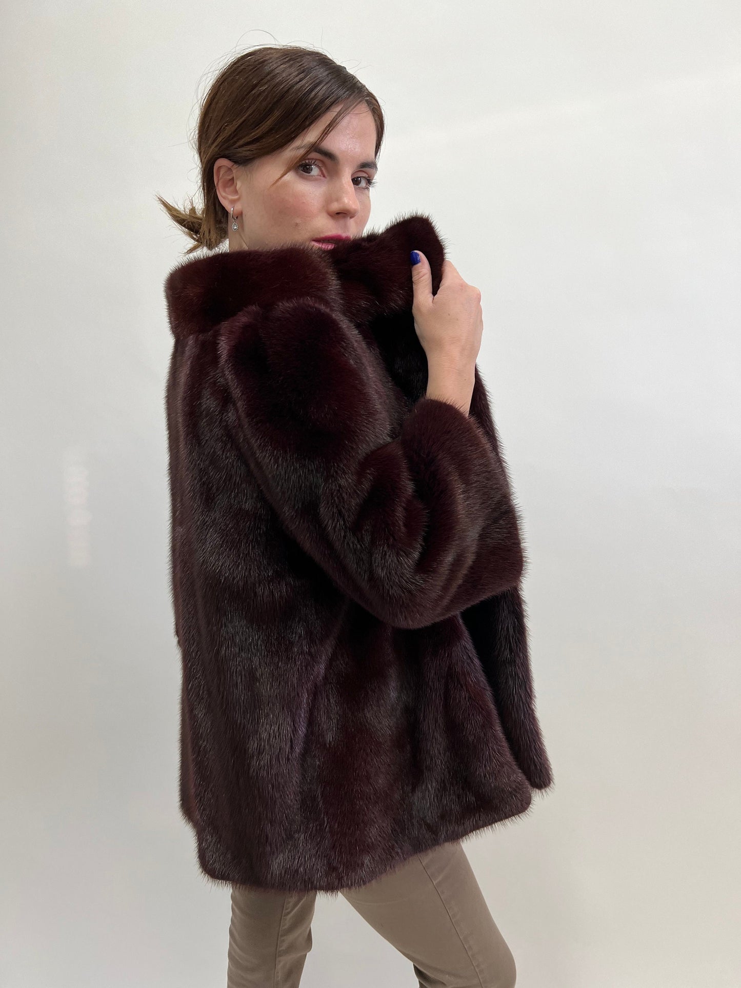 Burgundy Mink Fur Jacket: Saga Quality, Edgy Stand Up Collar