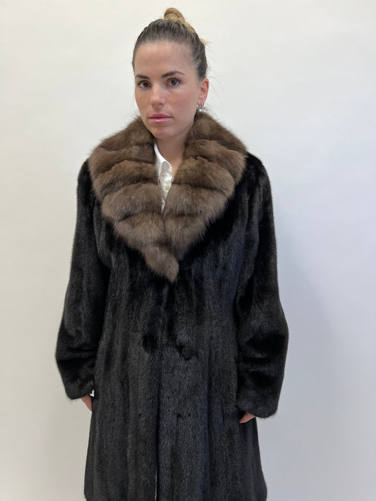 Handmade Black Mink Fur Long Coat with Sable Collar