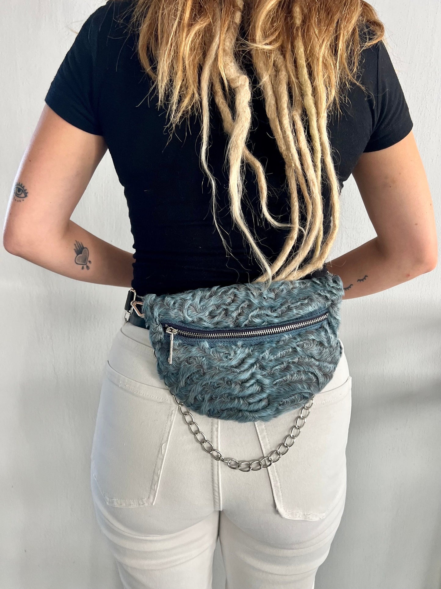 Gray Mink Fur Bumbag with Chain: Handmade Leather Fanny Pack