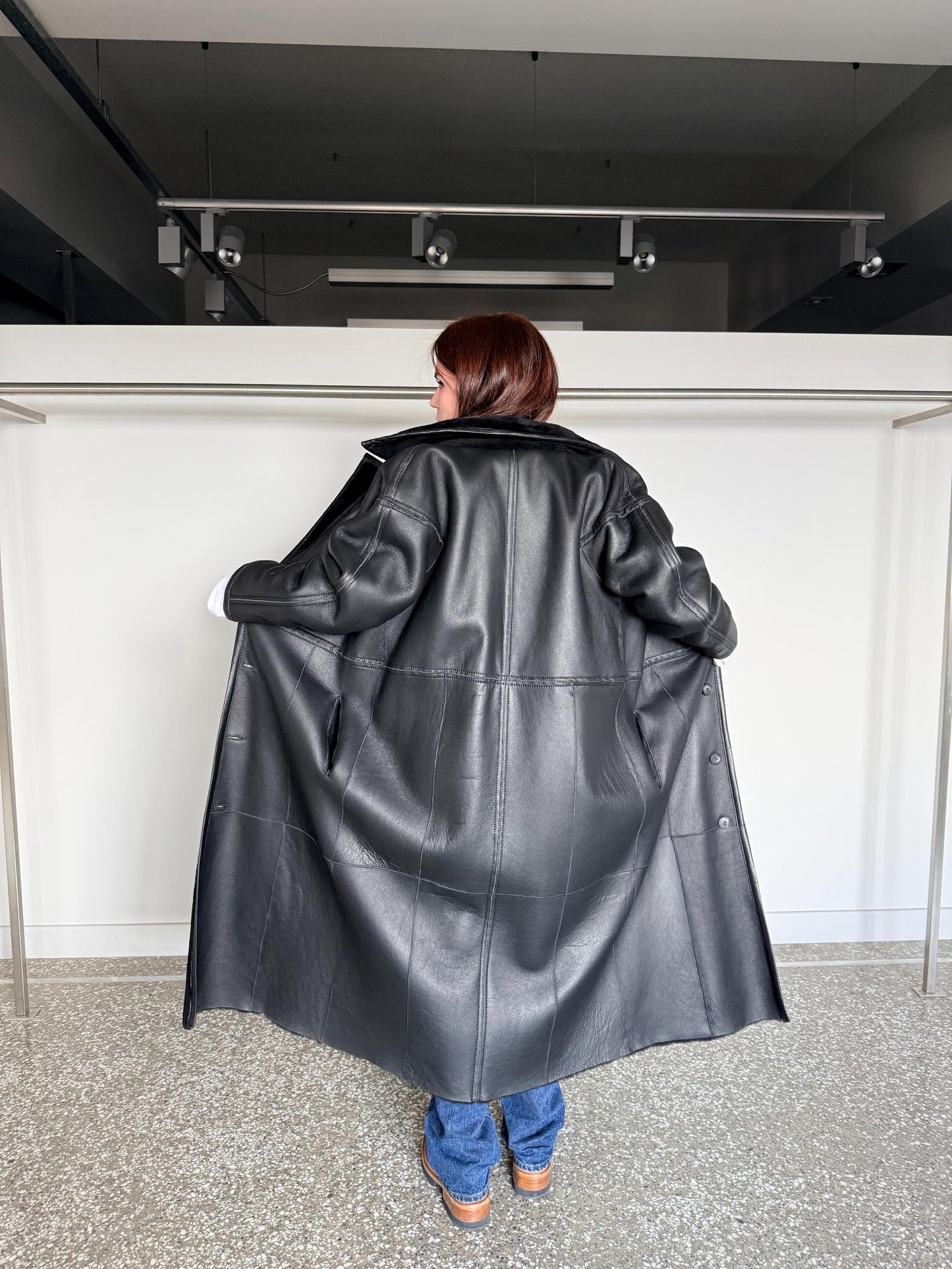 Reversible Black Shearling Fur coat :Extremely warm Sheepskin long Coat with genuine leather.