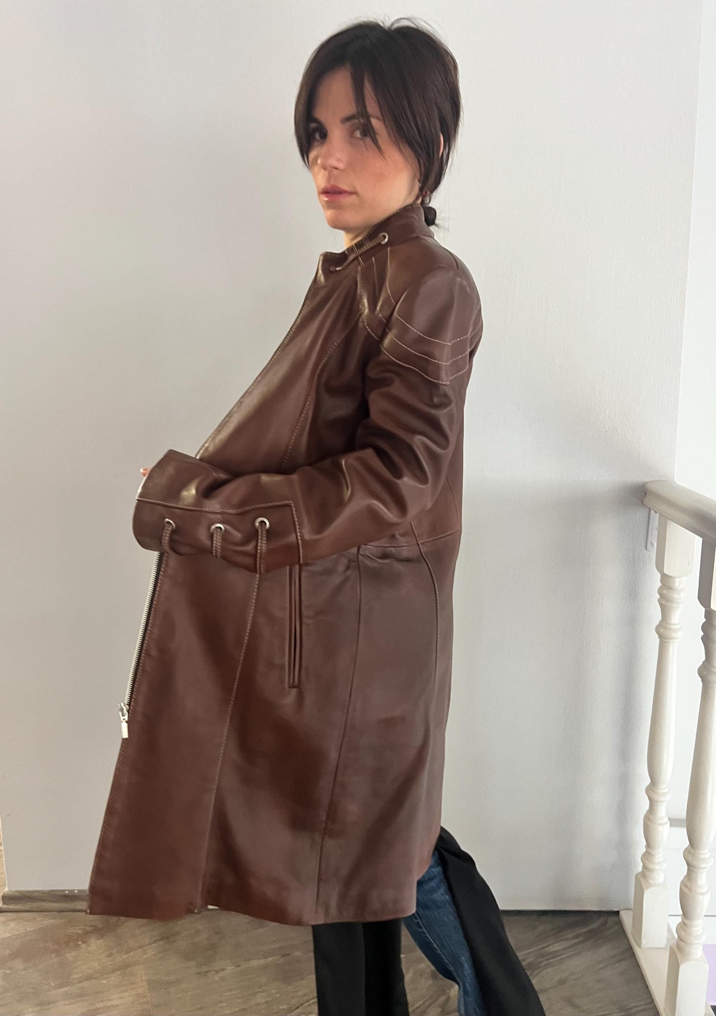 Handmade Nappa Lamb Leather Coat: Tobacco Brown Zip Front