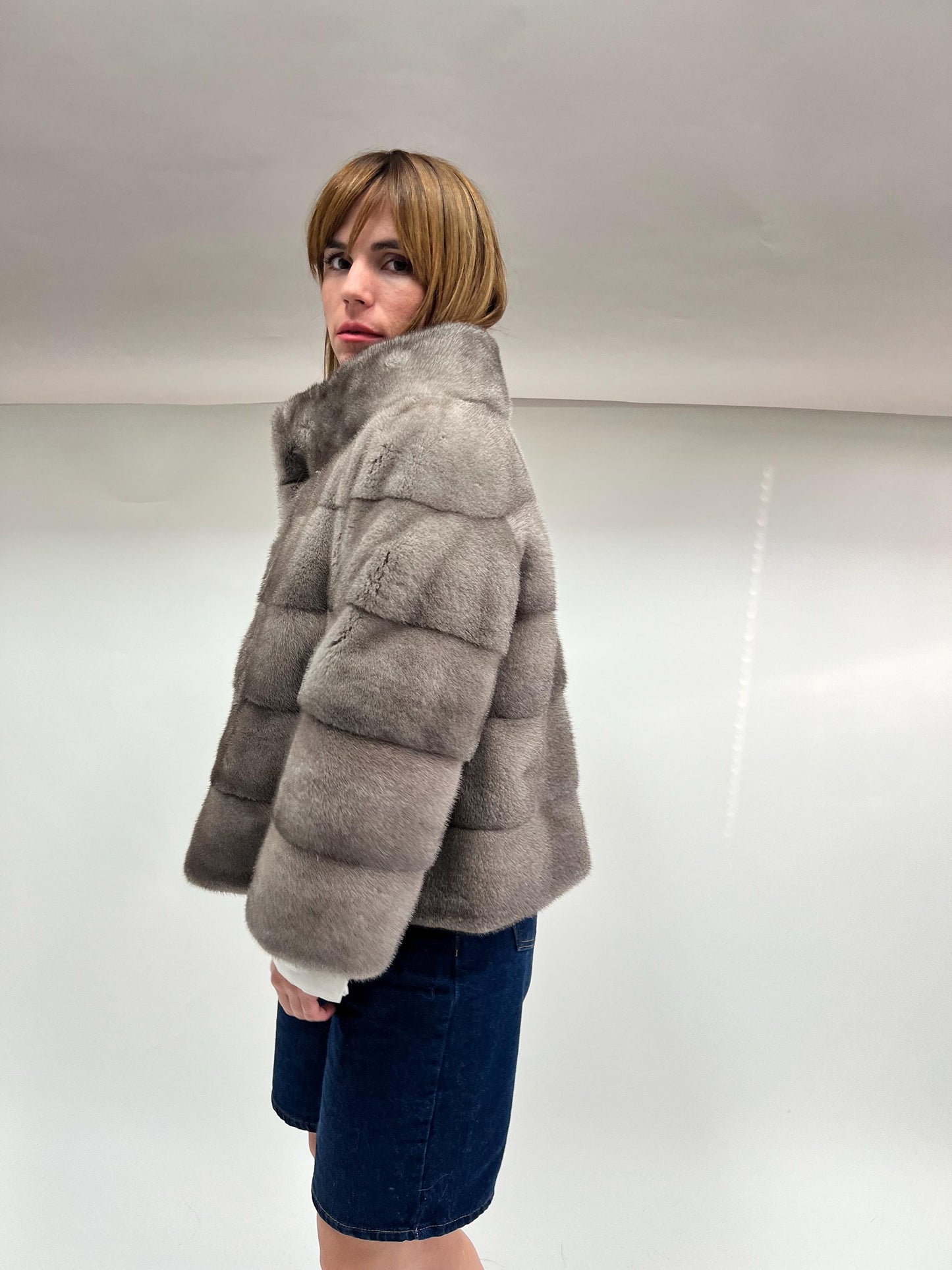 Real Silver Mink Fur Stroller Coat - High Collar, Luxury Gift