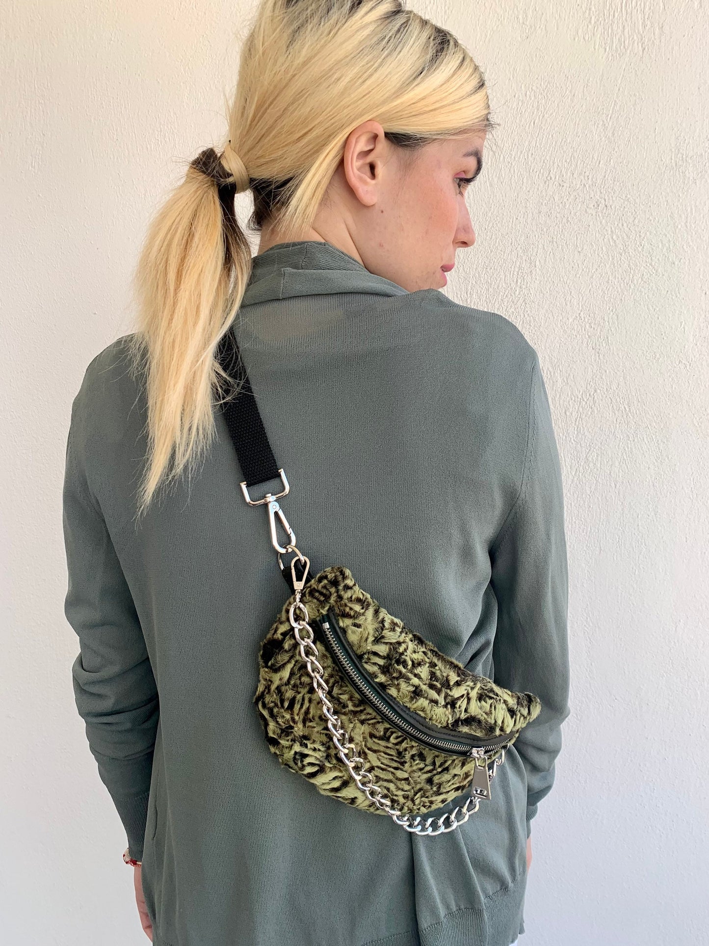 Lime Lamb Fur Bumbag with Chain: Luxury Fanny Pack