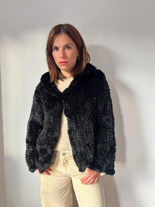 Handwoven Black Rabbit Fur Hooded Jacket - Frog Closure