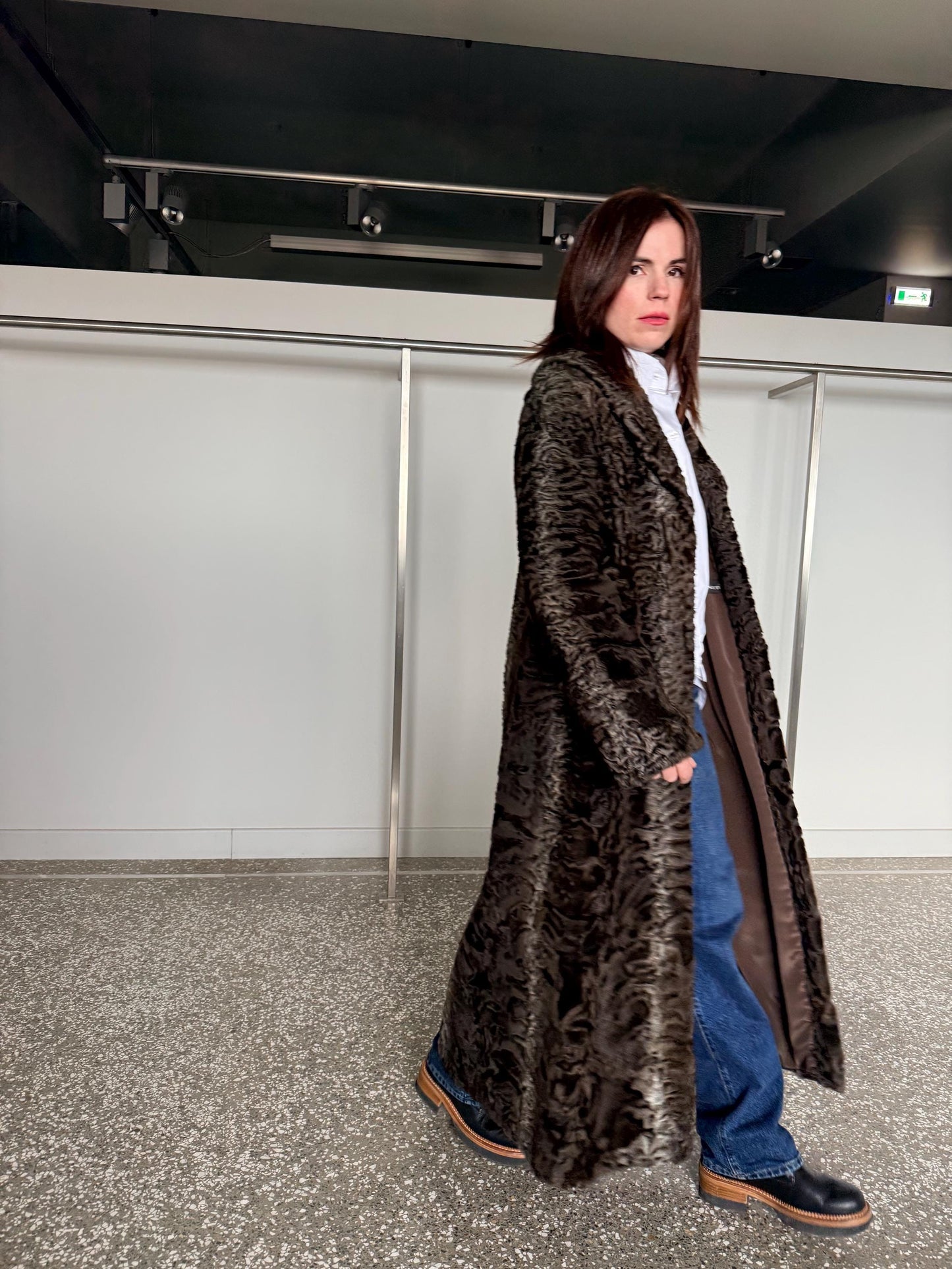 Handmade cross Swakara Curly Fur Coat – Extremely Warm Sheepskin brown Coat