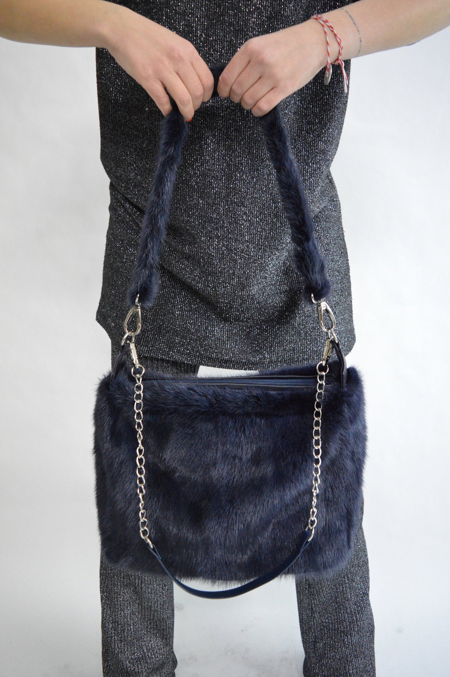 Handmade Black Mink Fur Shoulder Bag: Leather & Chain Detail