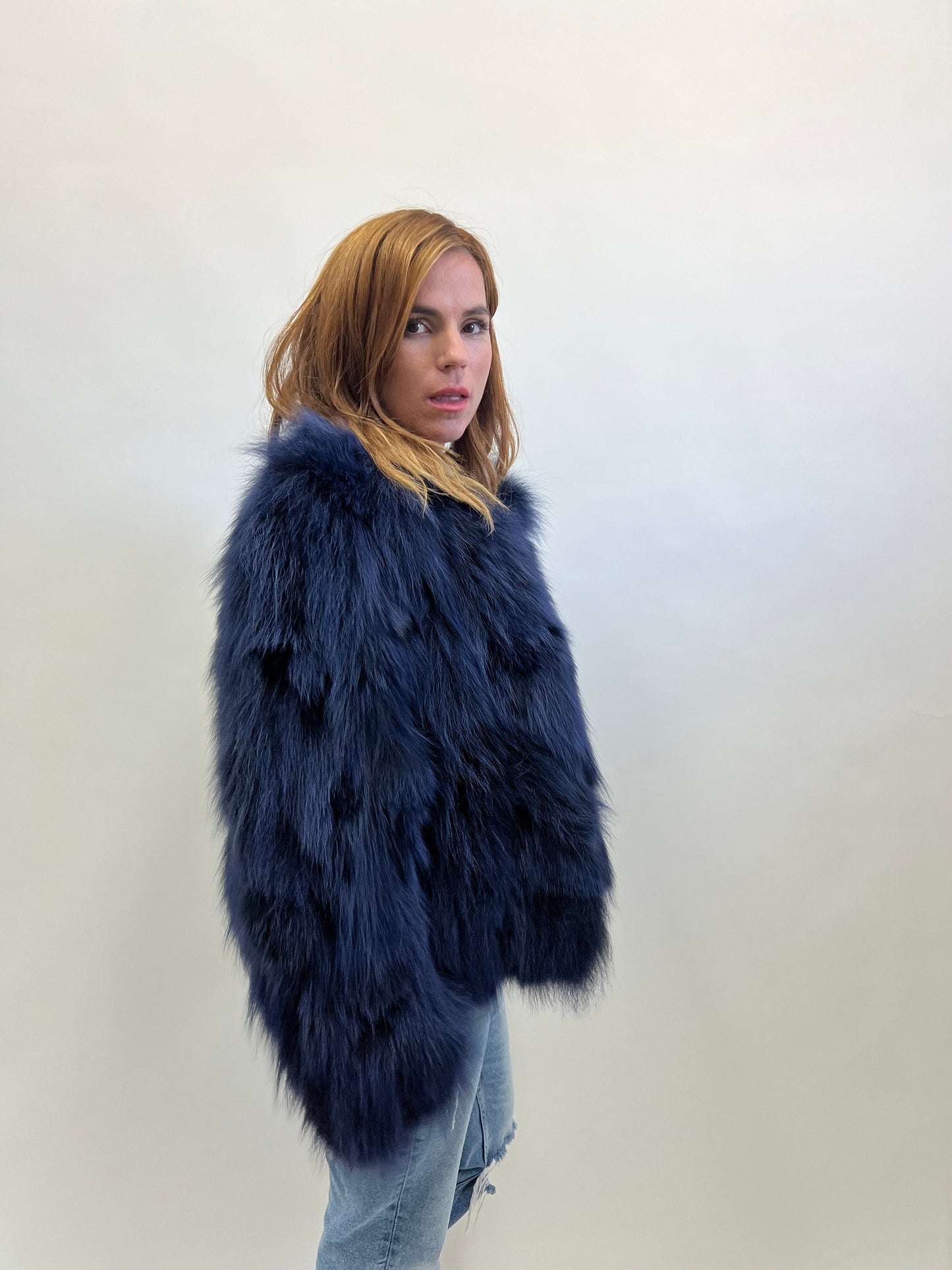 Real Denim Blue Fox Fur Jacket - Handmade Winter Coat
