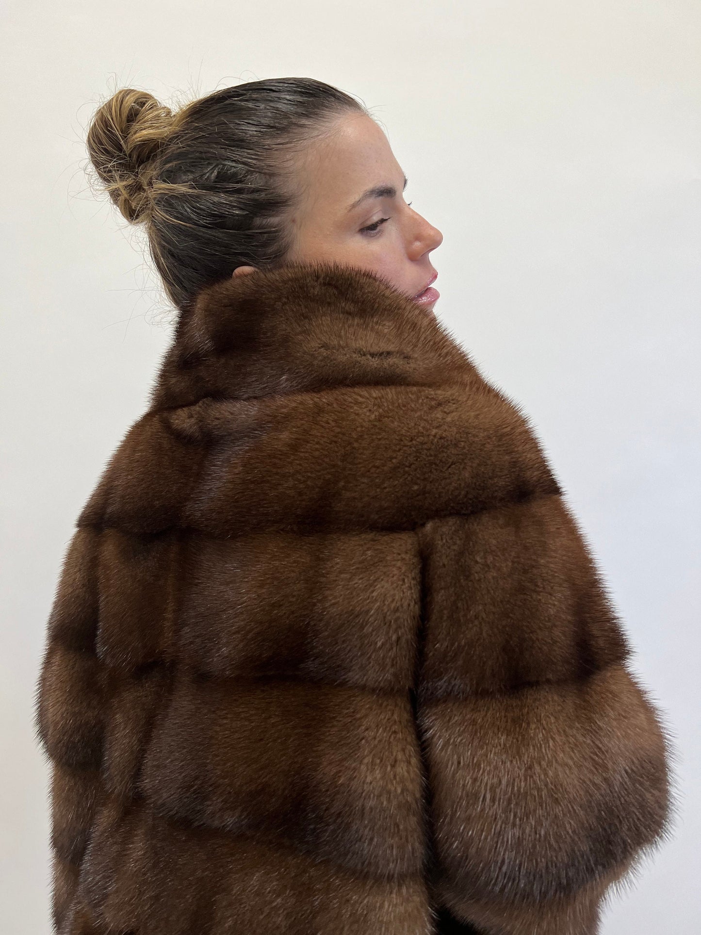 Brown Mink Fur Coat: Horizontal Design, Luxury Jacket