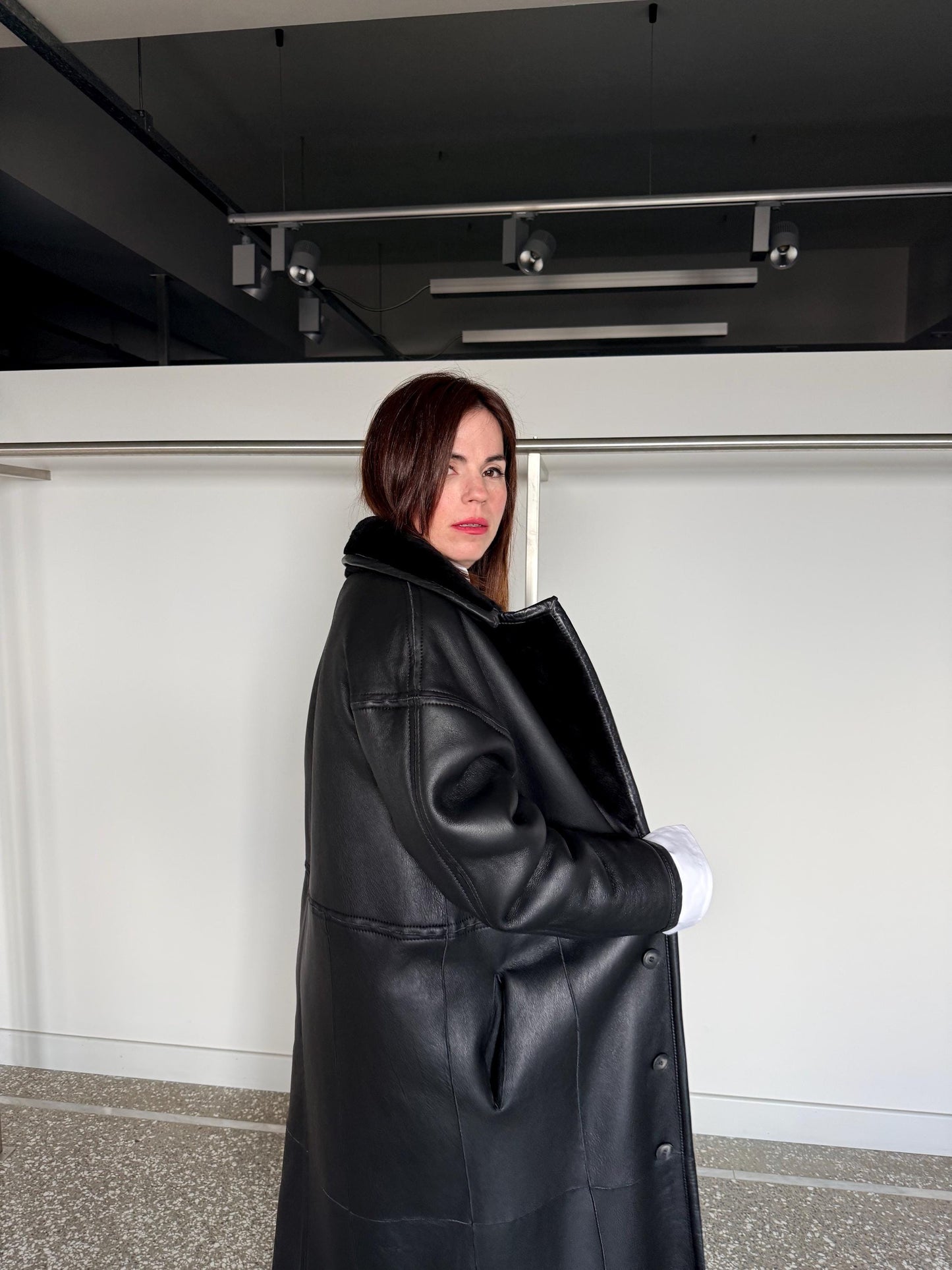 Reversible Black Shearling Fur coat :Extremely warm Sheepskin long Coat with genuine leather.