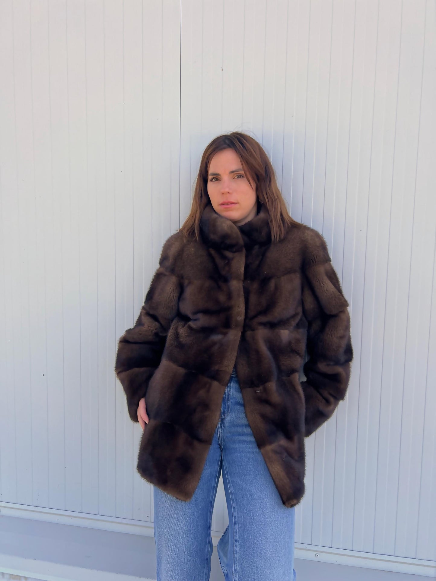 Real Mink Fur Velvet Collared Jacket - Demi Buff Brown, Small/Medium/Large