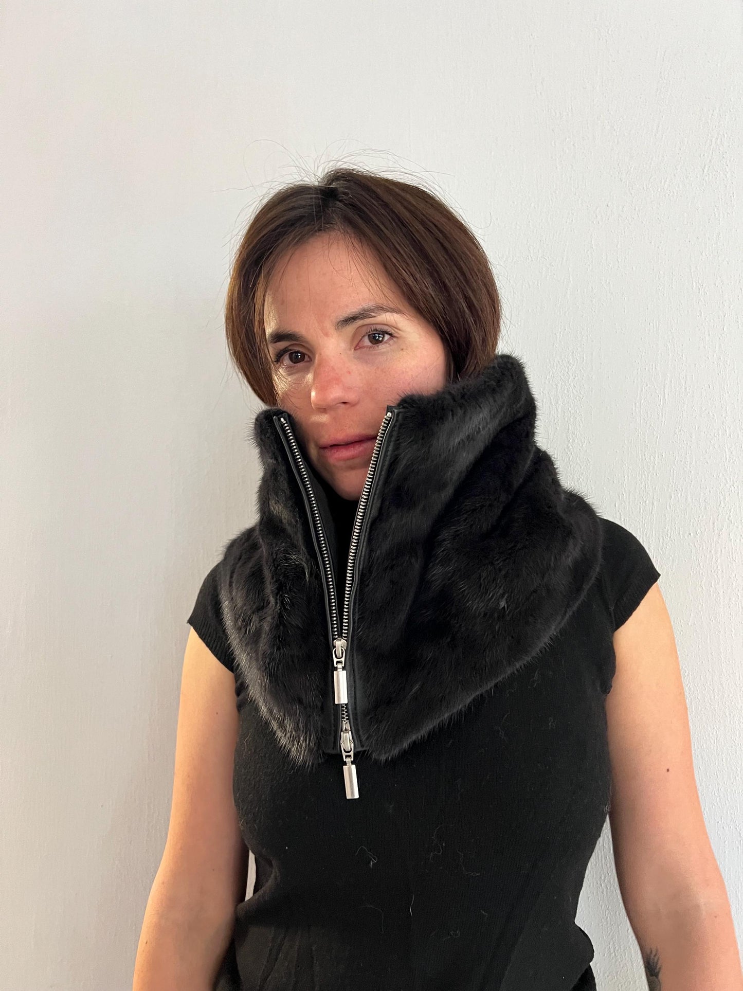 BLACK Mink Fur Cowl: Zipped dark grey Leather Detail Infinity Scarf