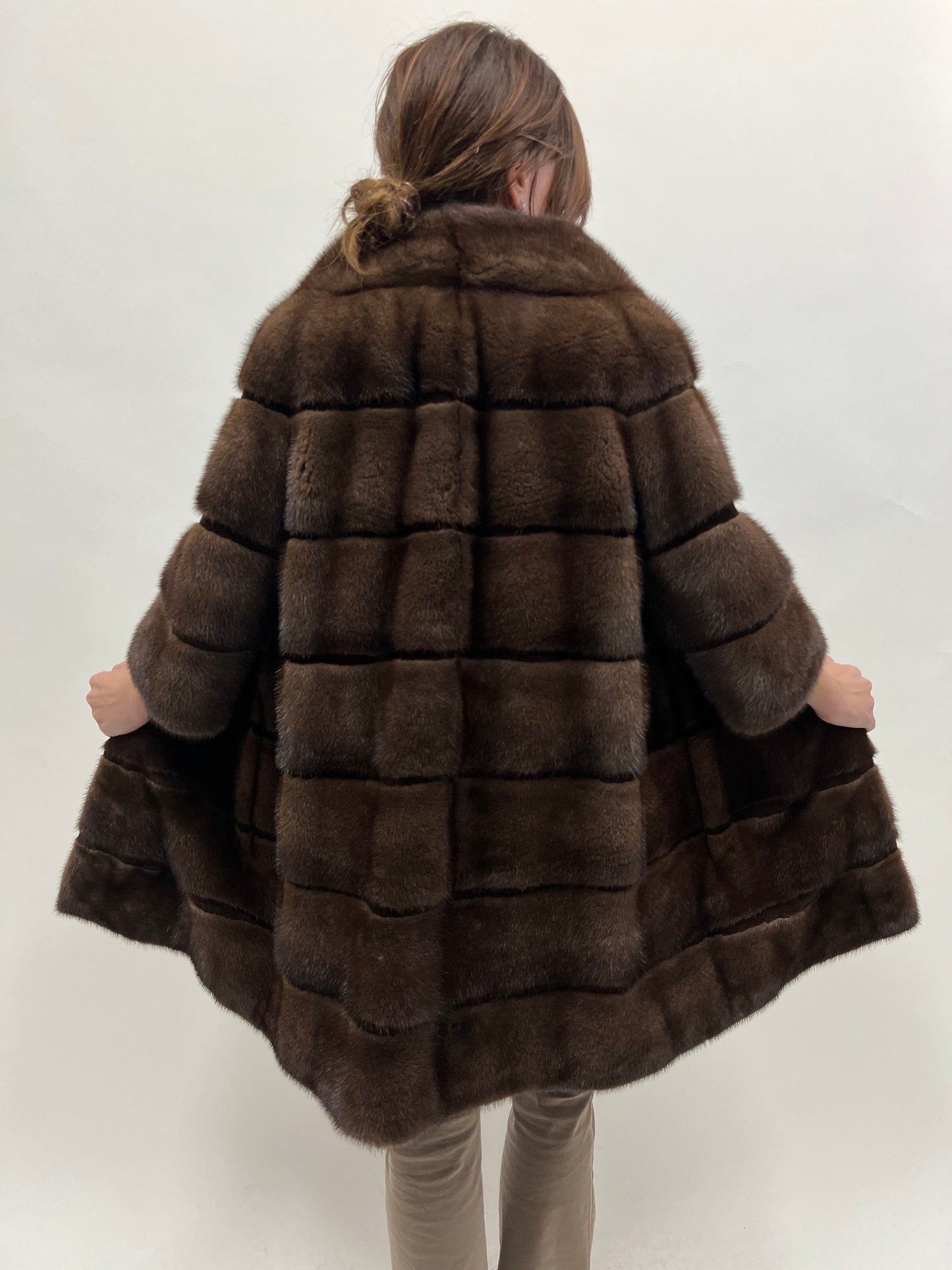 Saga Mink Fur Coat: Brown Sheared Trim, Handmade in Greece