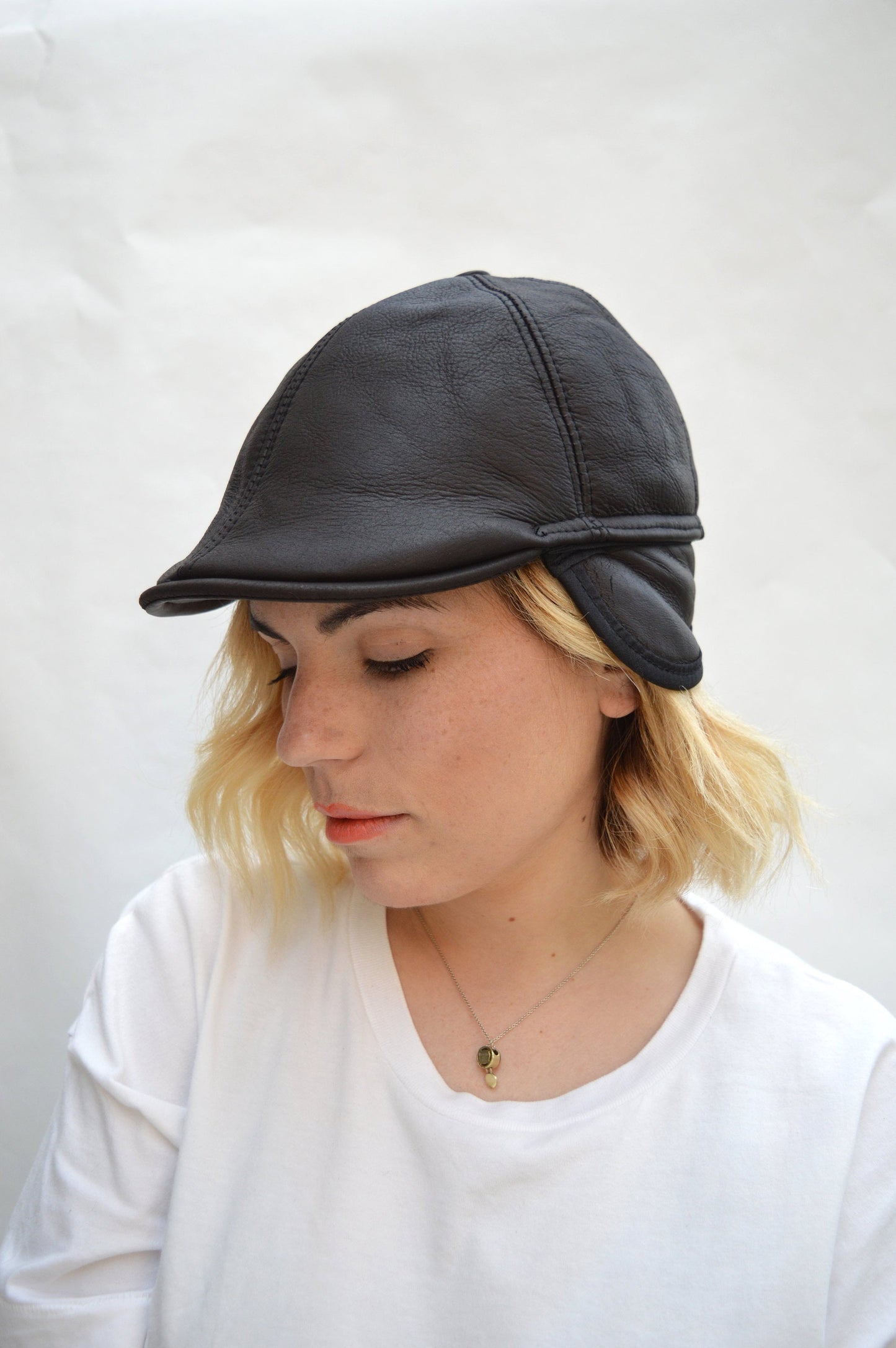 Shearling Equestrian Cap: Sheepskin Cloche Hat with Ear Flaps