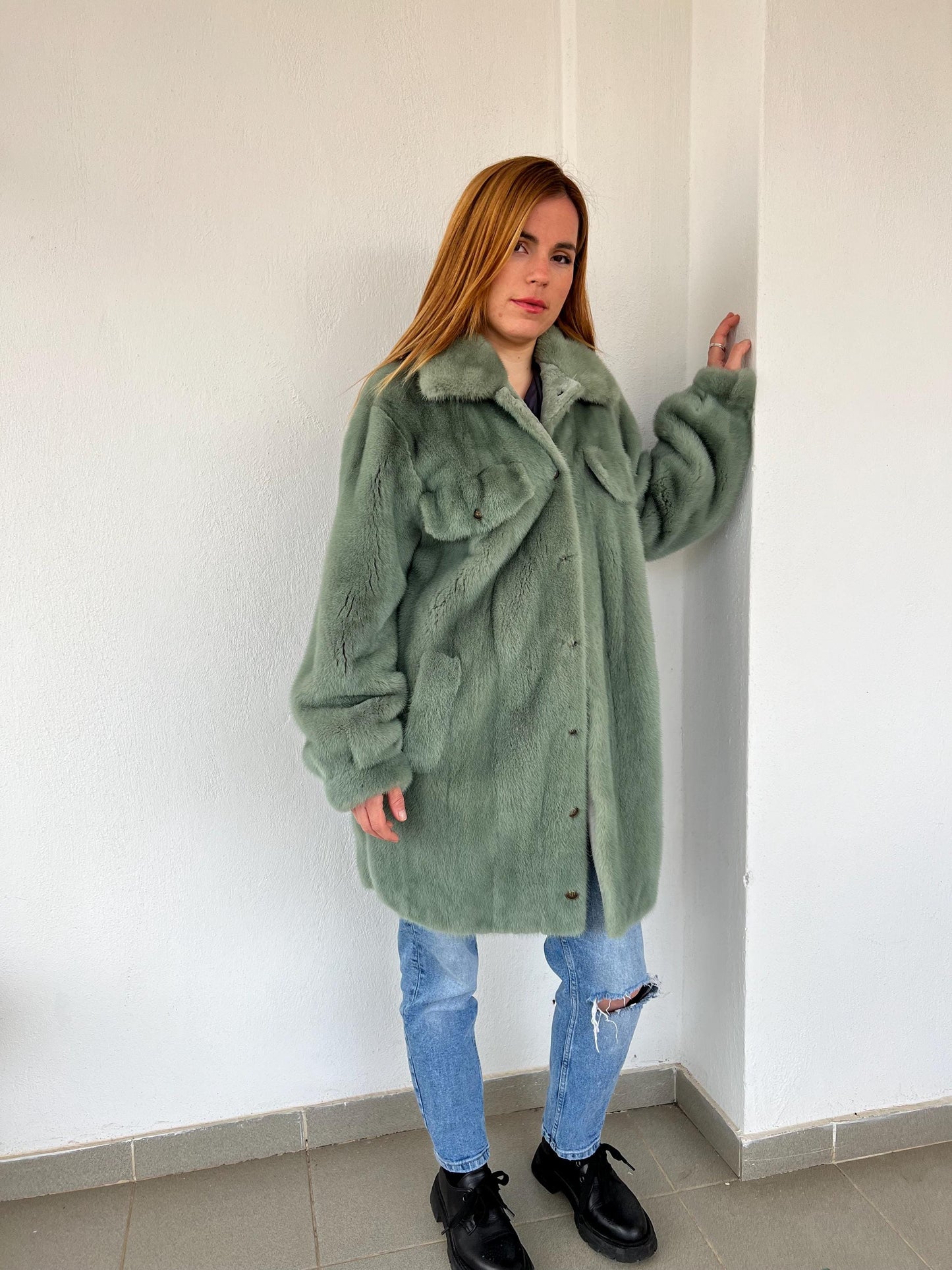 Pistachio Mink Fur Over-Shirt Coat: Grey Boxy Style, XL