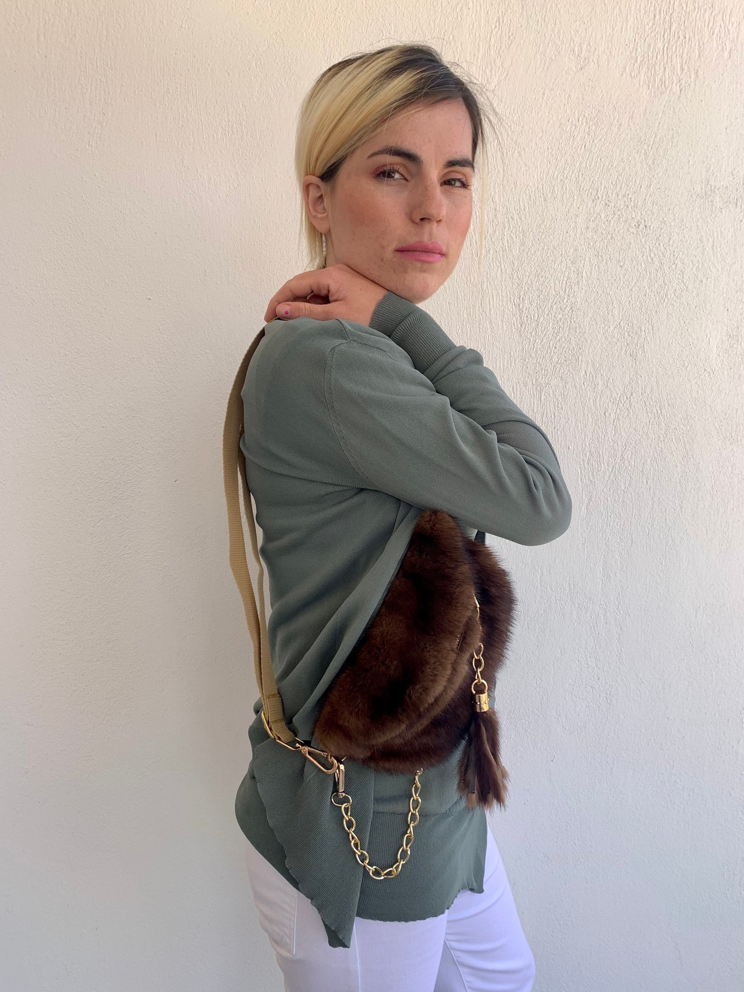 Real Mink Fur Bumbag: Tan Brown Fanny Pack with Chain